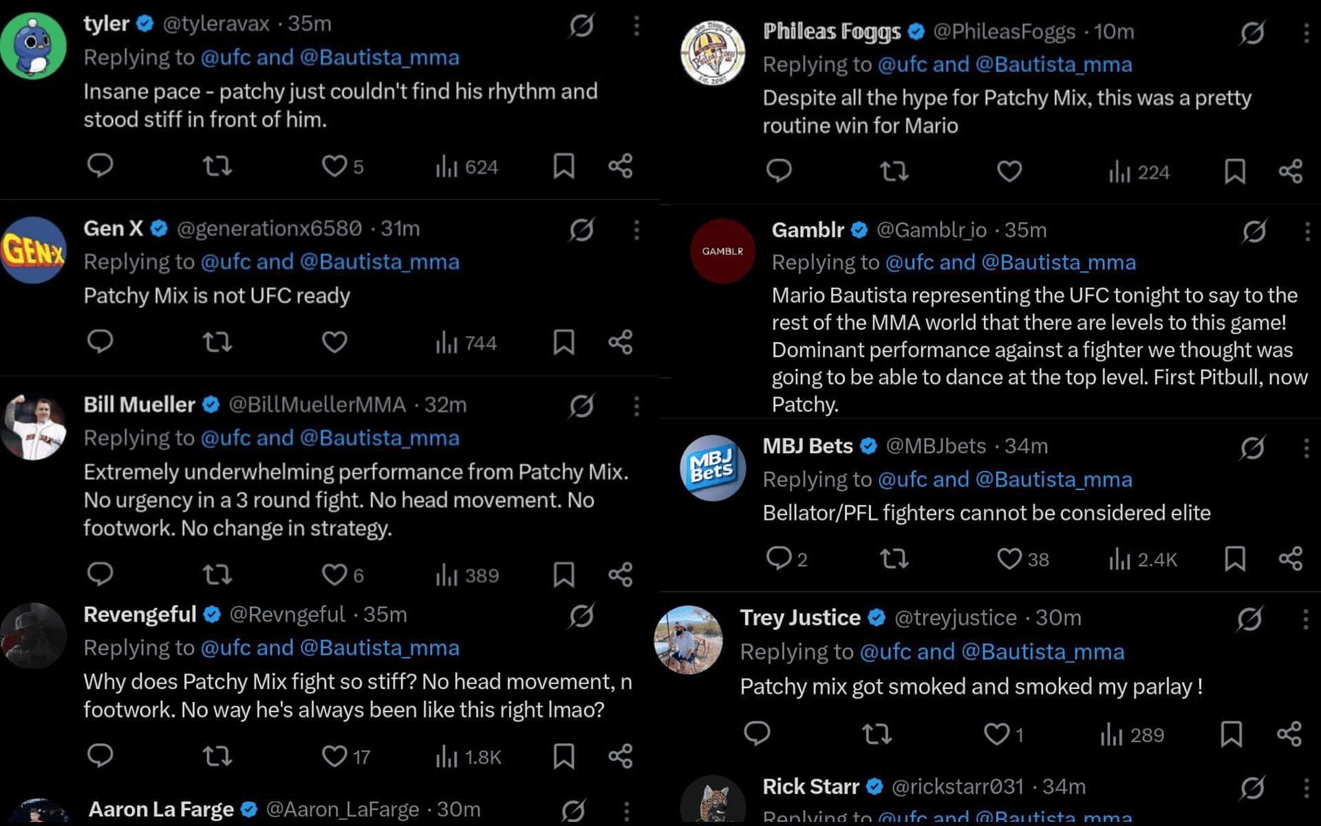 Fans react to Patchy Mix losing against Mario Bautista at UFC 316. [Screenshots courtesy: @ufc on X]