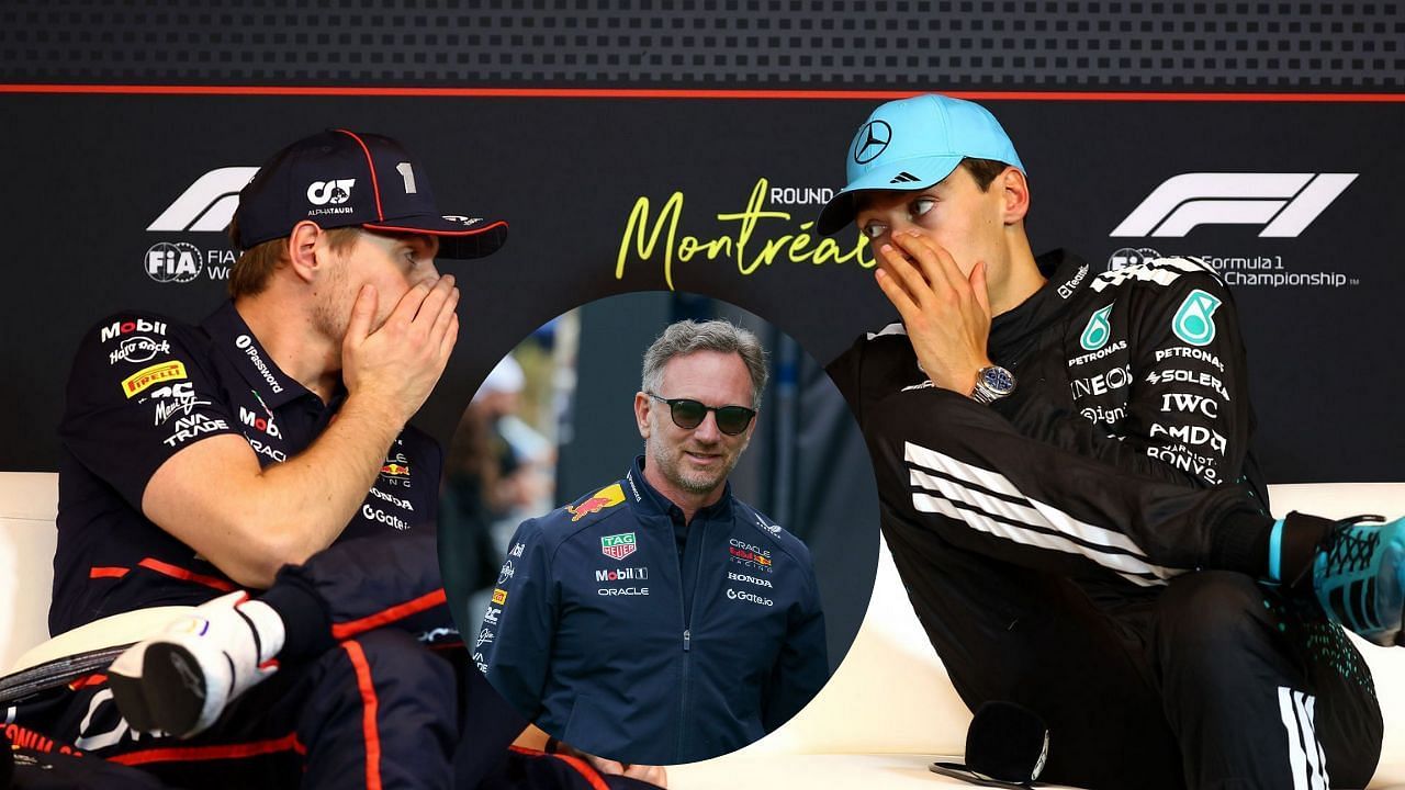 Max Verstappen and George Russell at F1 cypress conference; In circle: Christian Horner (Source: Getty)
