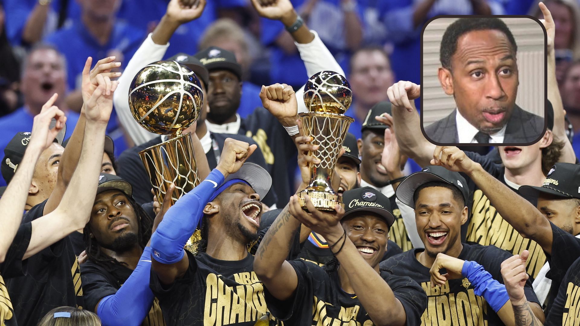 Stephen A. Smith does not consider 2025 OKC Thunder champion team an all-time great team. -- Photos from OKC Thunder X page and First Take IG