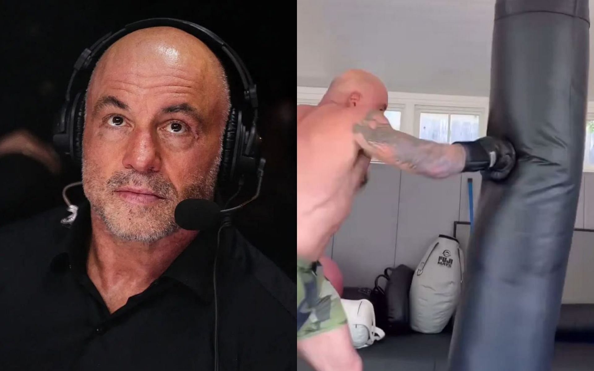 Joe Rogan shows off his power in recently uploaded training video (right). [Images courtesy: @mmauncensored1 on X, Getty Images]