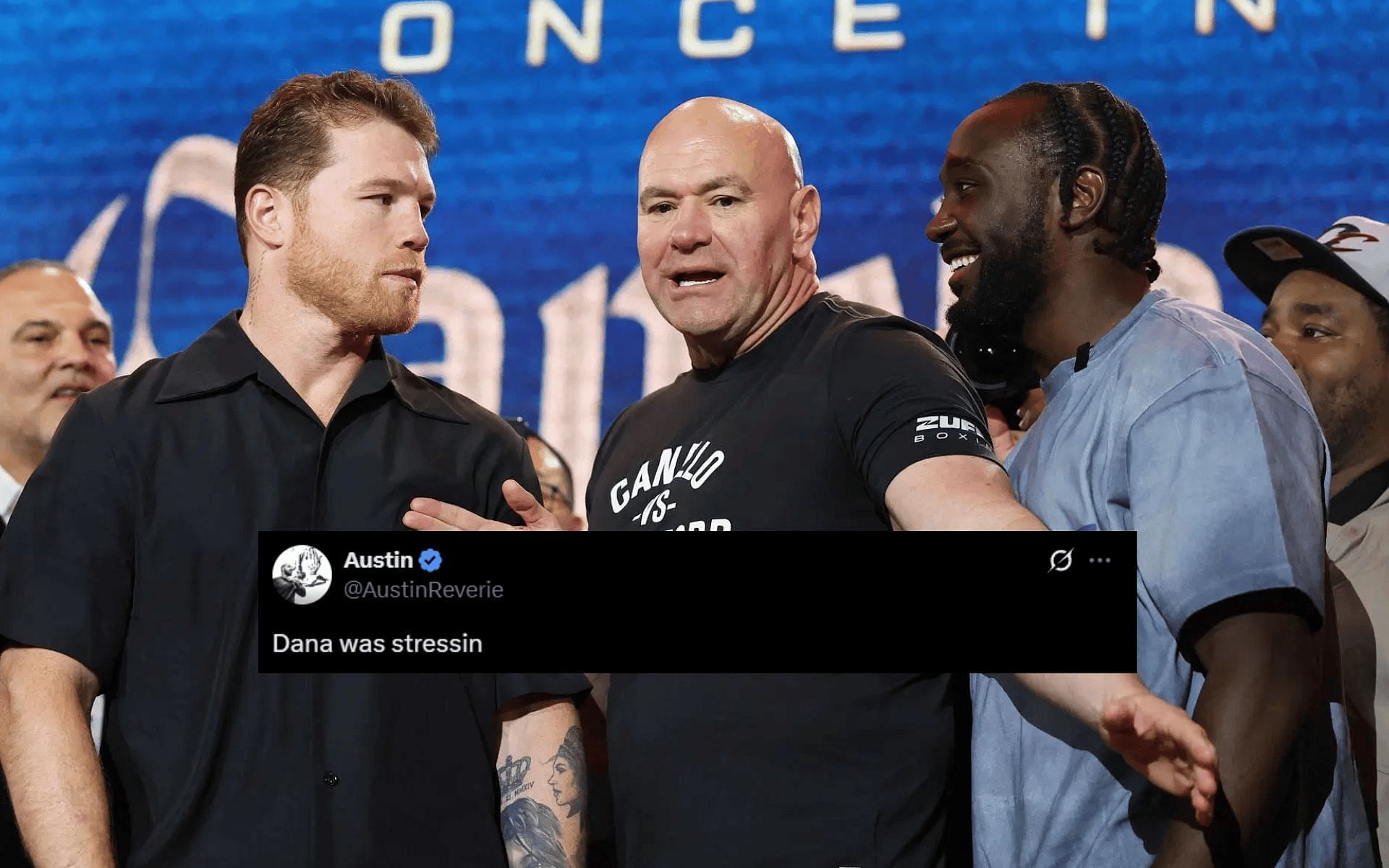 Fans react to Dana White seemingly trying stop a brawl between Canelo Alvarez and Terence Crawford. [Image courtesy: Getty]