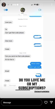 Nelly Korda's Instagram Story featuring her exchange with brother Sebastian over access to her TV subscriptions (Source: Instagram/nellykorda)