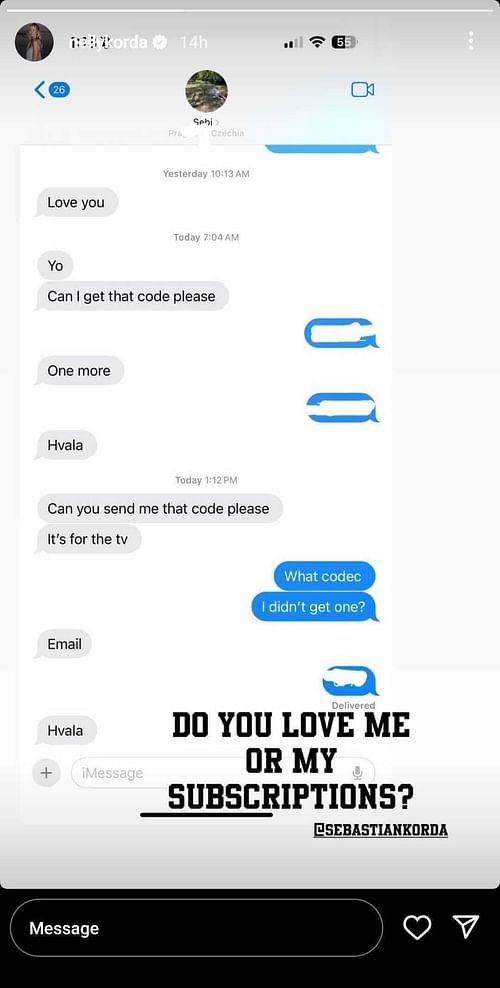Nelly Korda's Instagram Story featuring her exchange with brother Sebastian over access to her TV subscriptions (Source: Instagram/nellykorda)