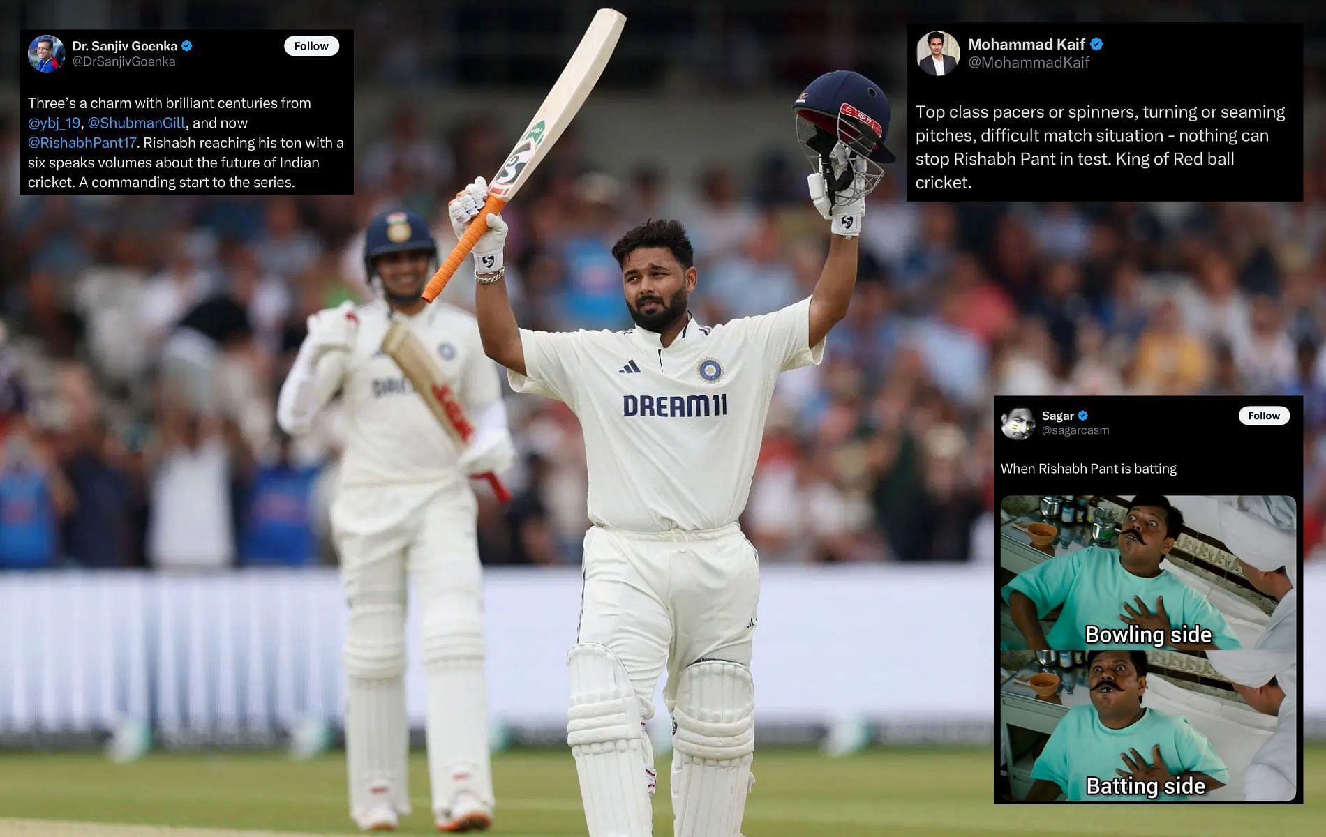 Rishabh Pant received widespread praise for his knock. (Pics: Getty Images/X/@DrSanjivGoenka/@sagarcasm/@MohammadKaif).