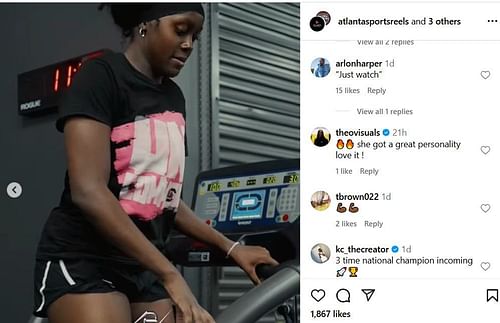 College hoop fans react to Raven Johnson's workout post on IG. Image via @atlantasportsreel
