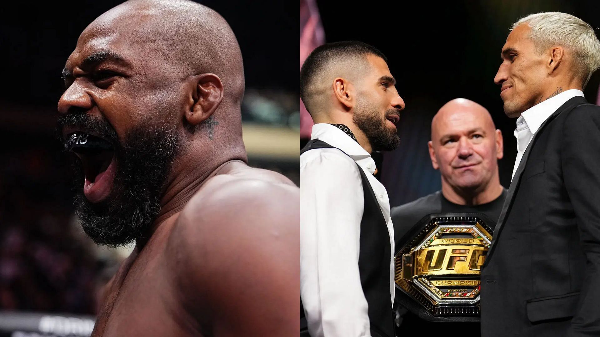 Jon Jones (left) reveals he will watch Ilia Topuria (middle) vs. Charles Oliveira (right) bout highlights. [Images courtesy: Getty Images]