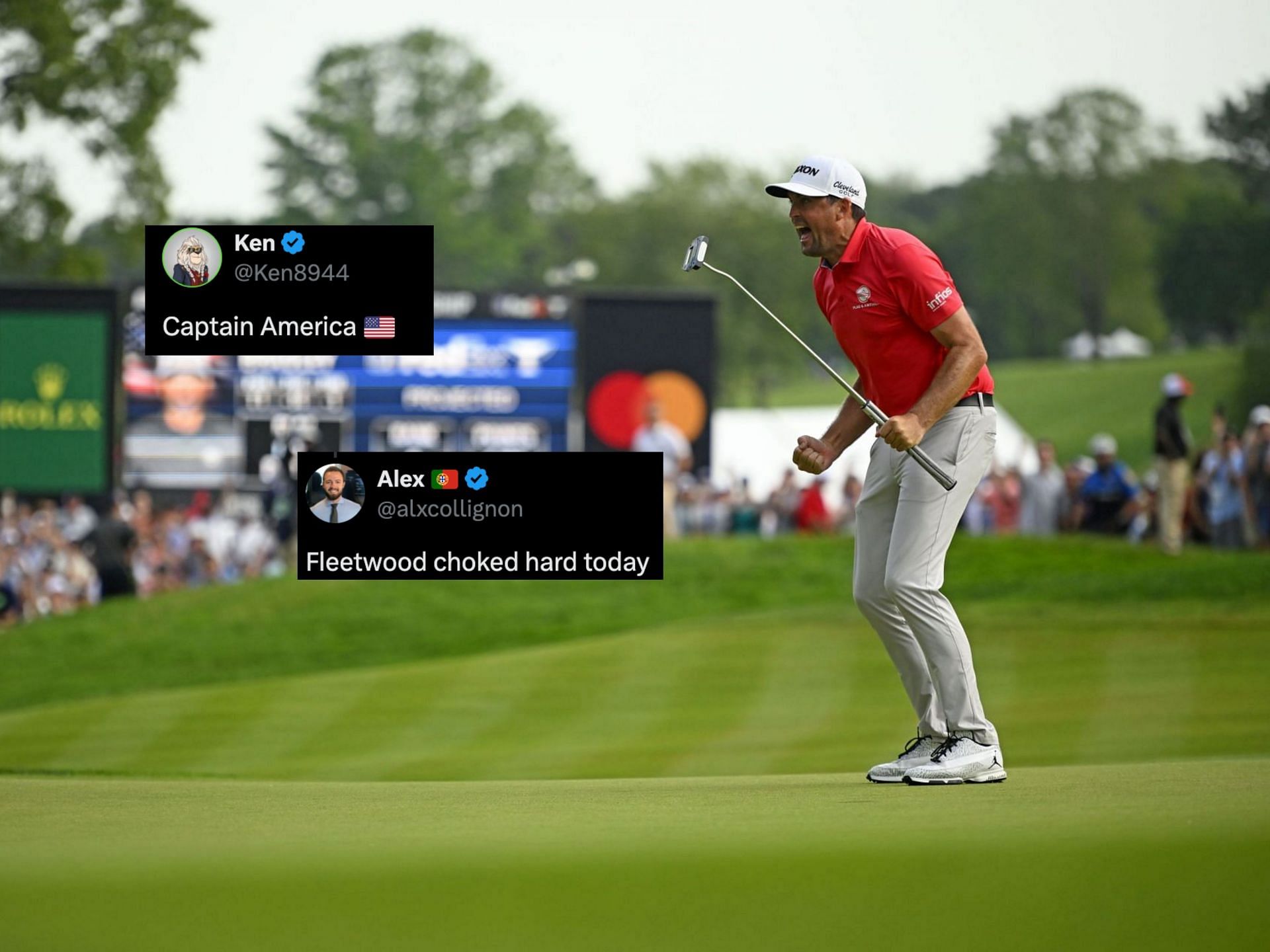 Keegan Bradley celebrates winning the Travelers Championship 2025 (Image via Getty, x@alxcollignon, x@Ken8944)