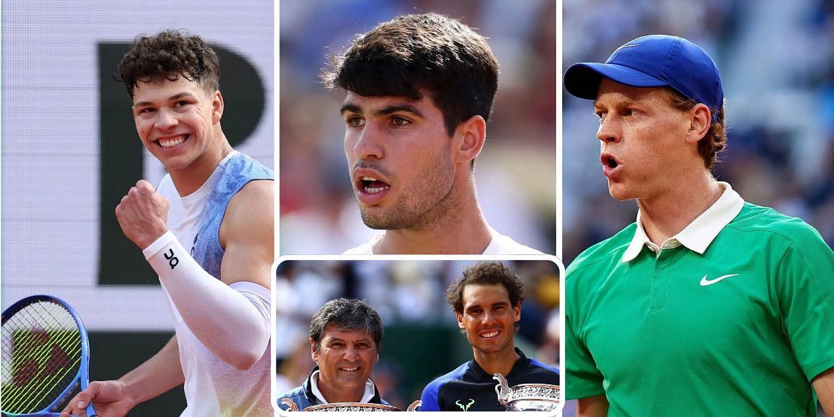Ben Shelton (left), Carlos Alcaraz (center), Jannik Sinner (right), Toni Nadal and Rafael Nadal (bottom inset), Sources: Getty