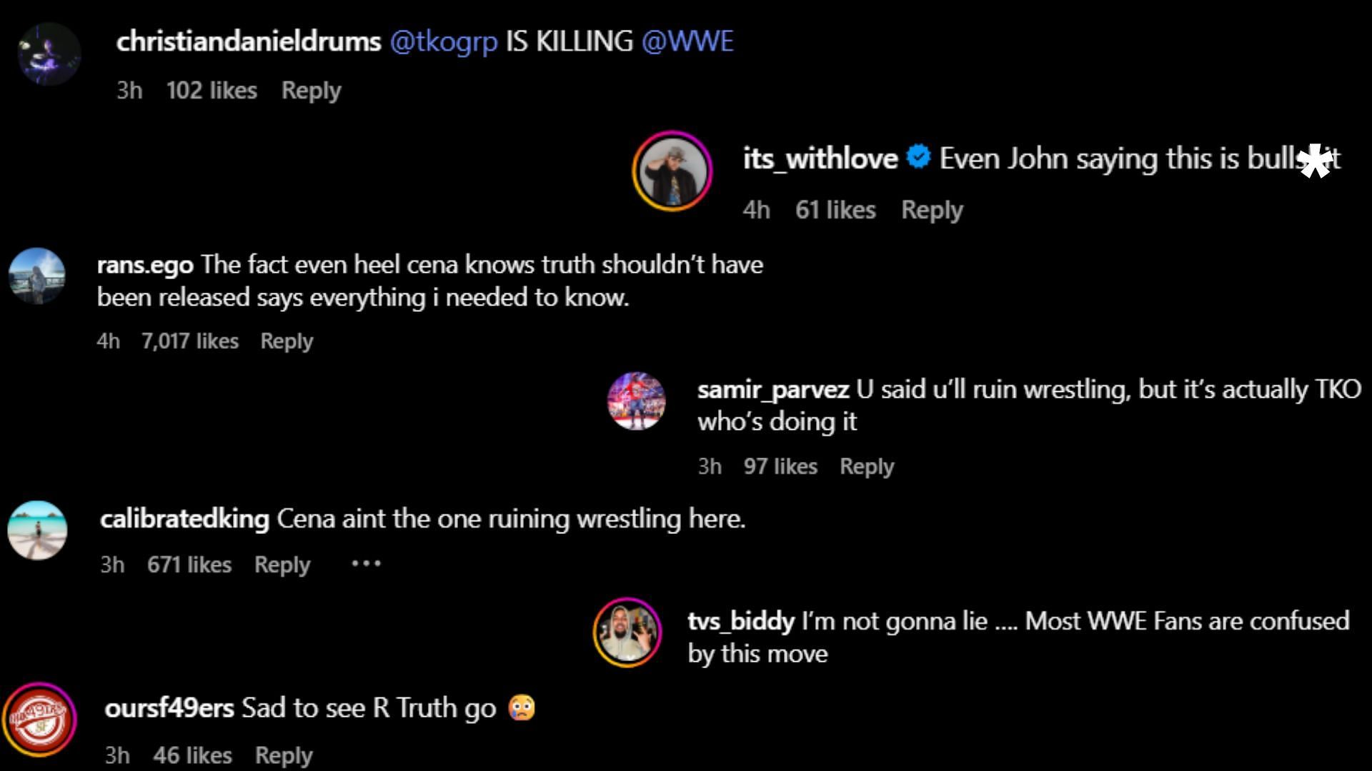 Screenshots of fans&#039; reactions to R-Truth&#039;s release [Image credit: John Cena&#039;s Instagram]