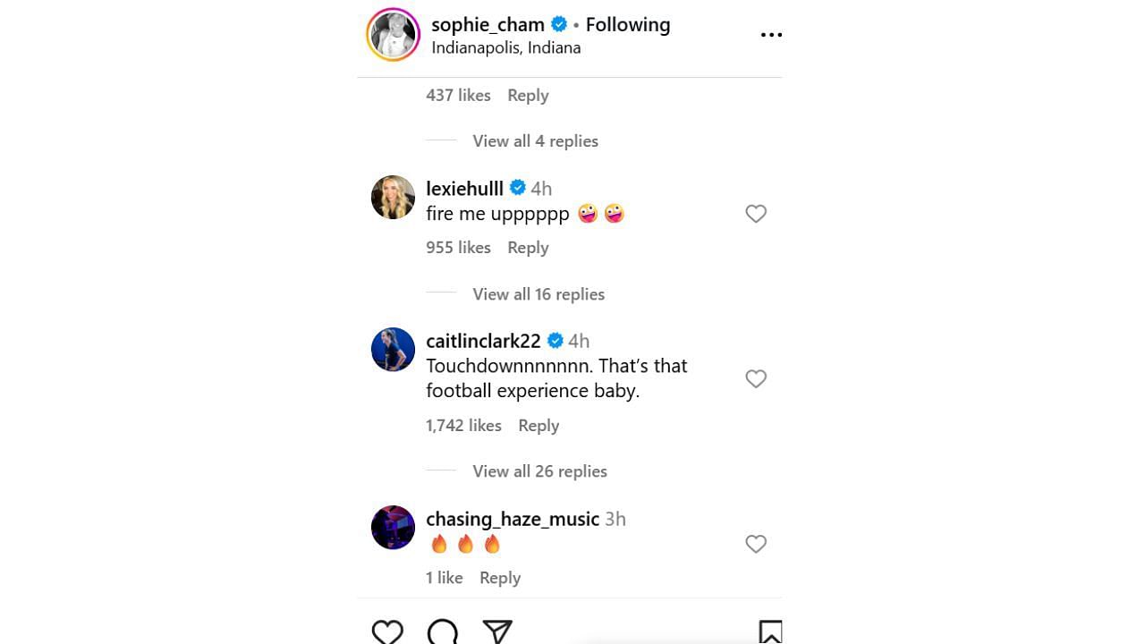Caitlin Clark reacts to Sophie Cunningham&#039;s post about their &quot;touchdown&quot; play against the Dallas Wings on Sunday. [photo: @sophie_cham/IG]