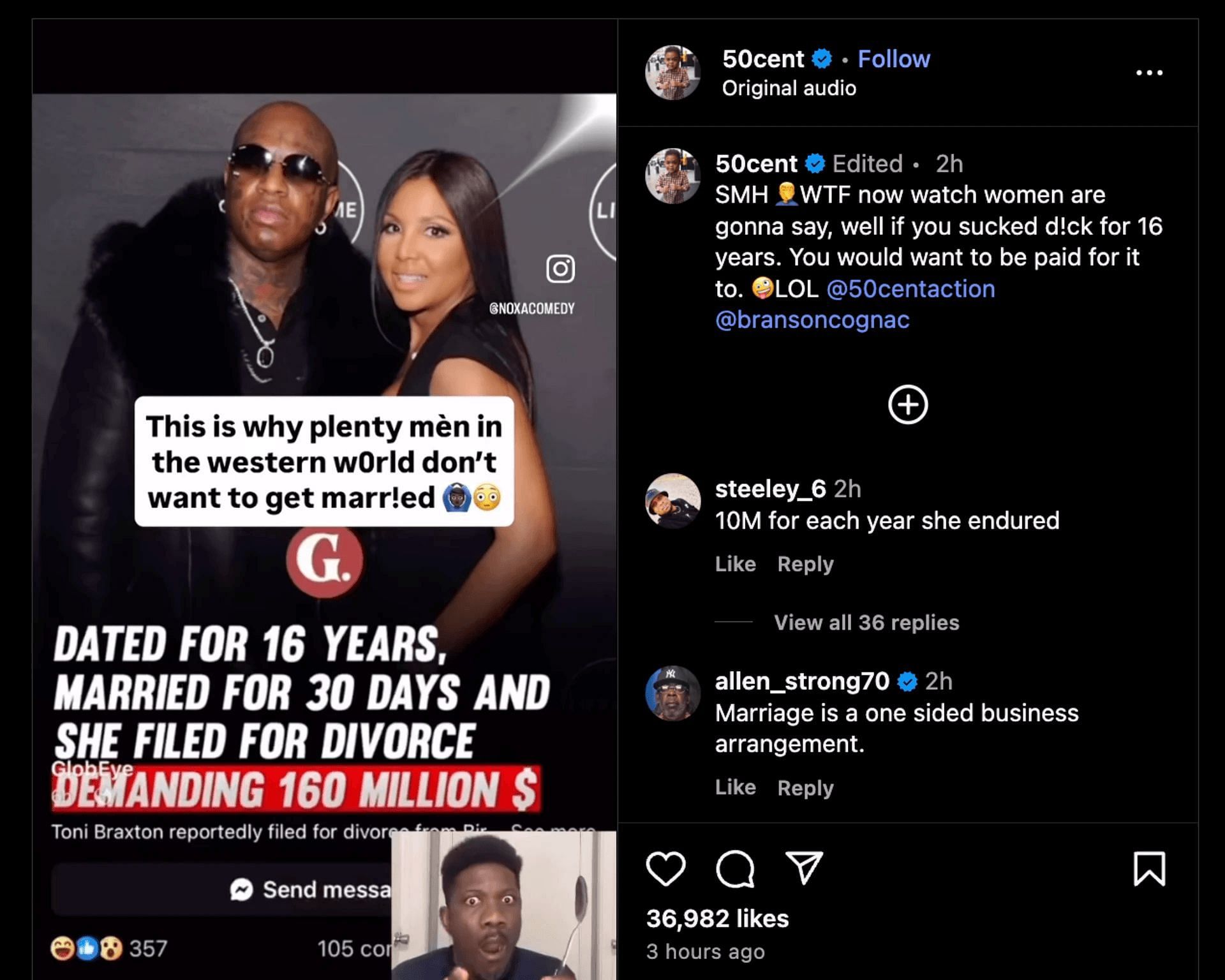 50 Cent&#039;s post regarding Toni Braxton and Birdman (Image credits: SS via Complex)