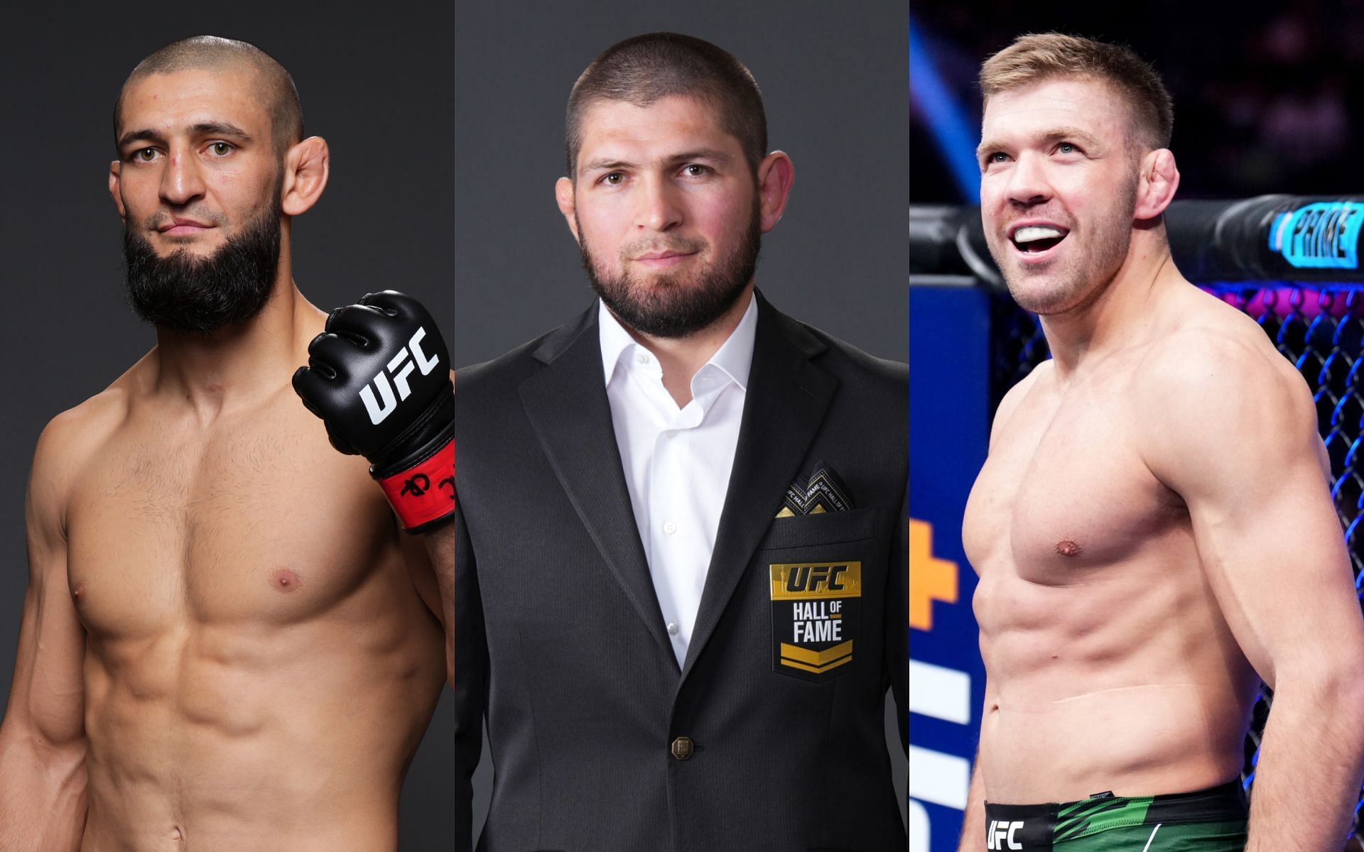 Khabib Nurmagomedov (middle) previews Dricus du Plessis (right) vs. Khamzat Chimaev (left). [Images courtesy: Getty Images]