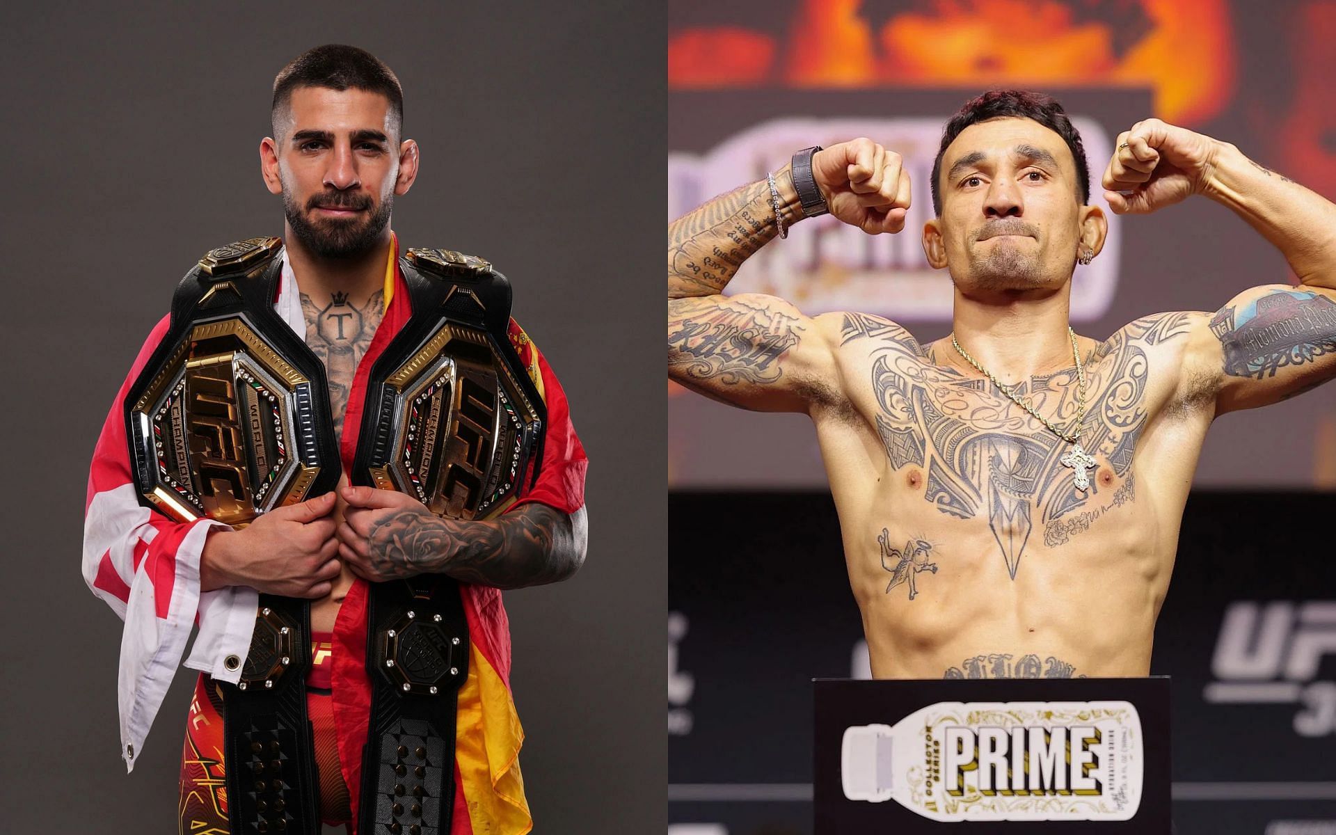 Ilia Topuria (left) disputes Max Holloway
