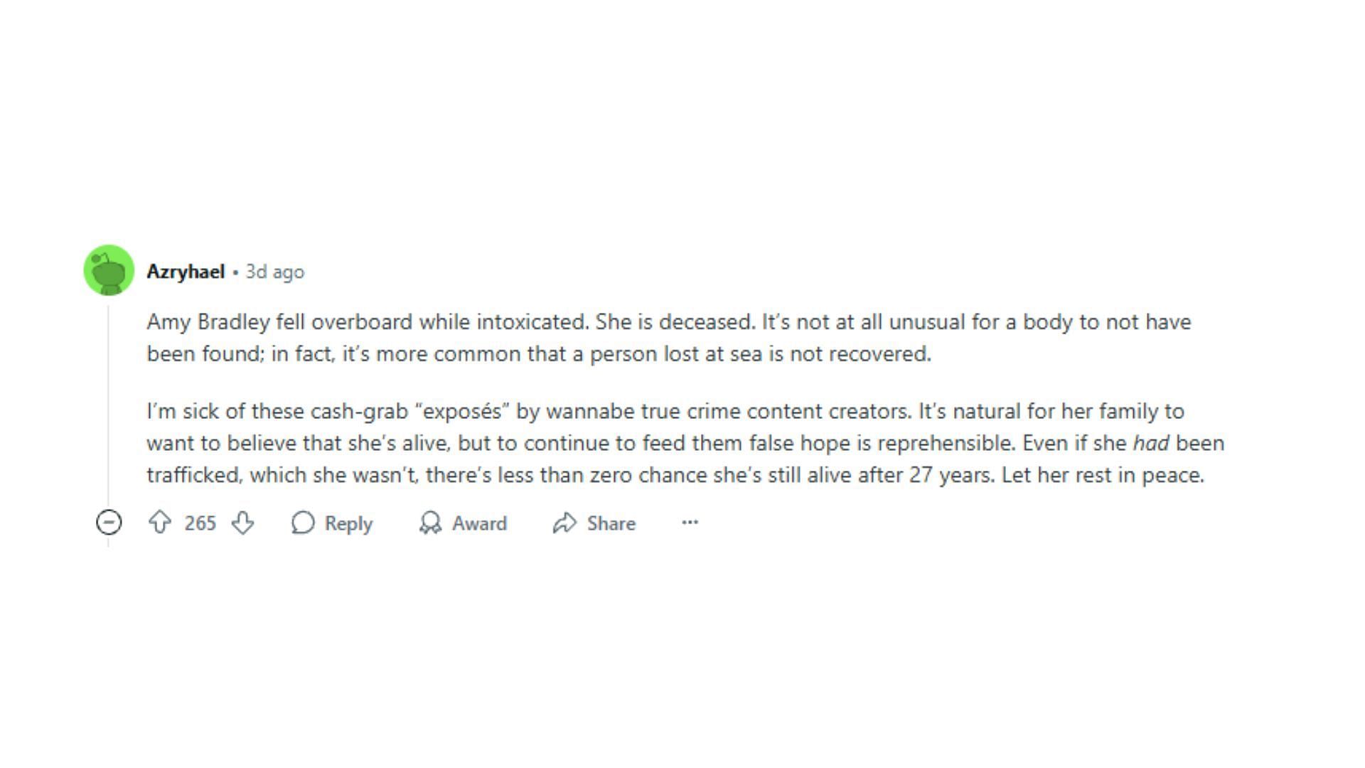 A screenshot of the comment (Image via Reddit/r/MissingPersons)