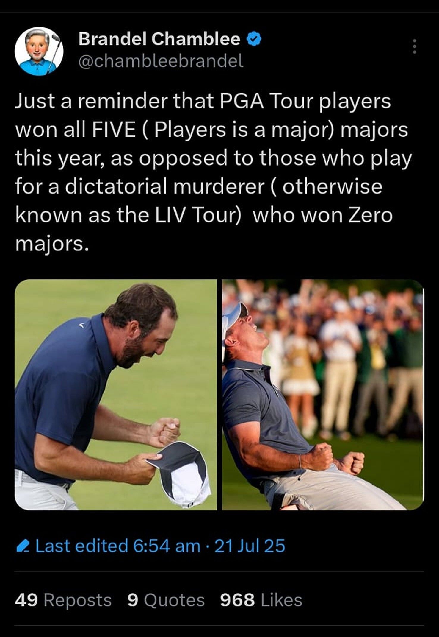 Brandel Chamblee lauds PGA Tour&#039;s &#039;five majors&#039; win while slamming &#039;dictatorial murderers&#039; LIV Golf/@chambleebrandel.