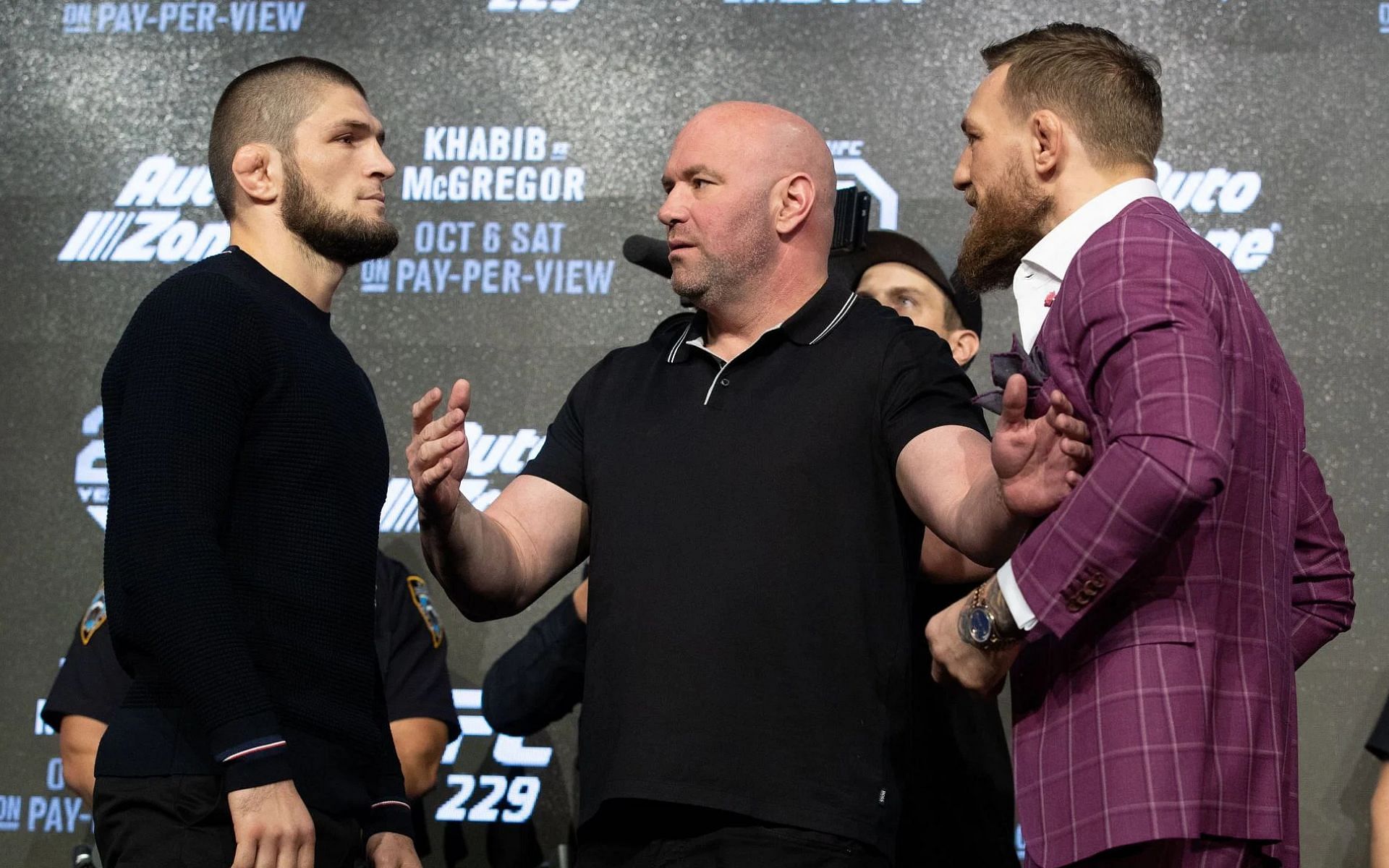 Khabib Nurmagomedov (left) talks about leaving the UFC 229 press conference due to Conor McGregor