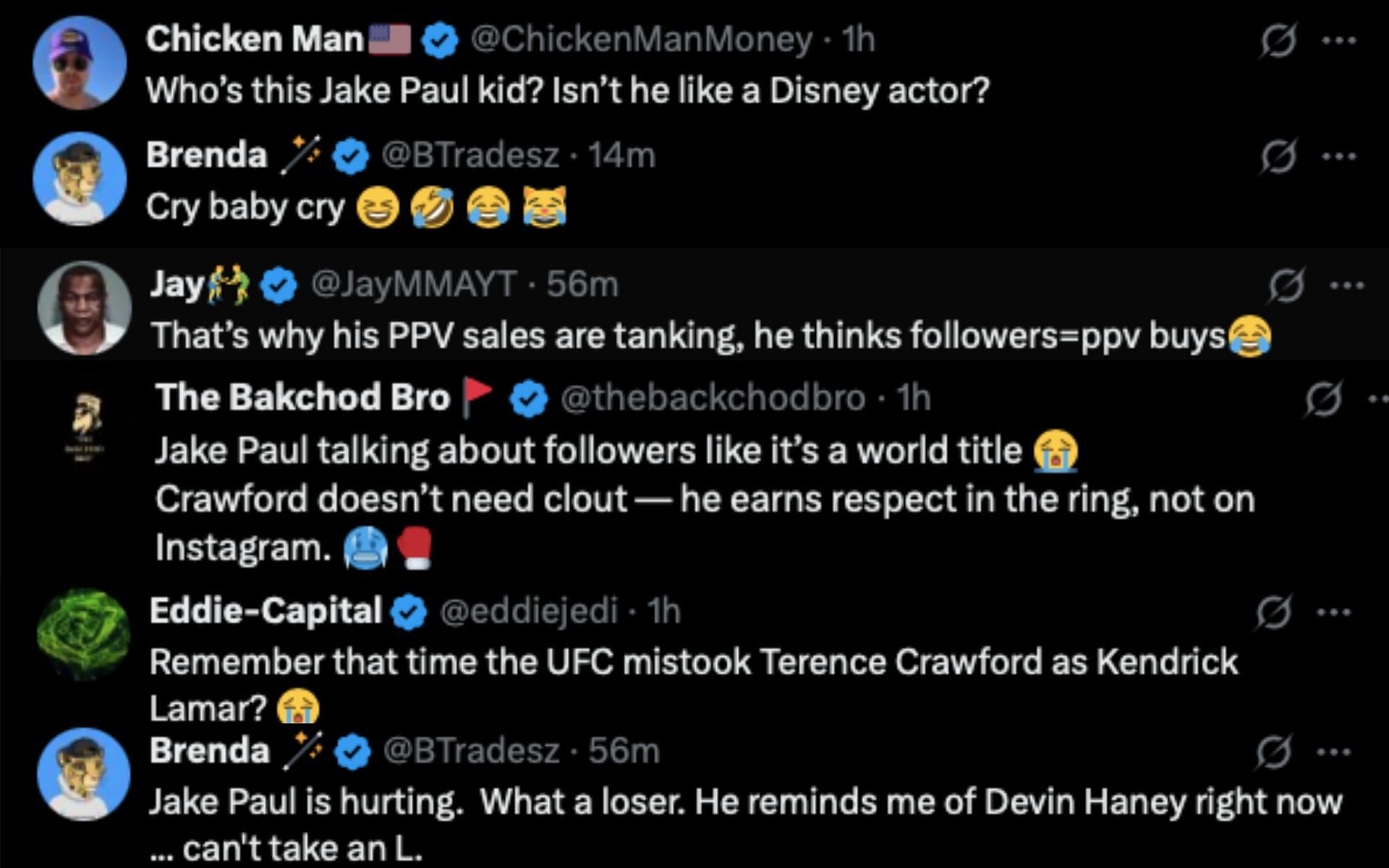 Fans react to Jake Paul&#039;s comments. [Screenshots from @HappyPunch on X]