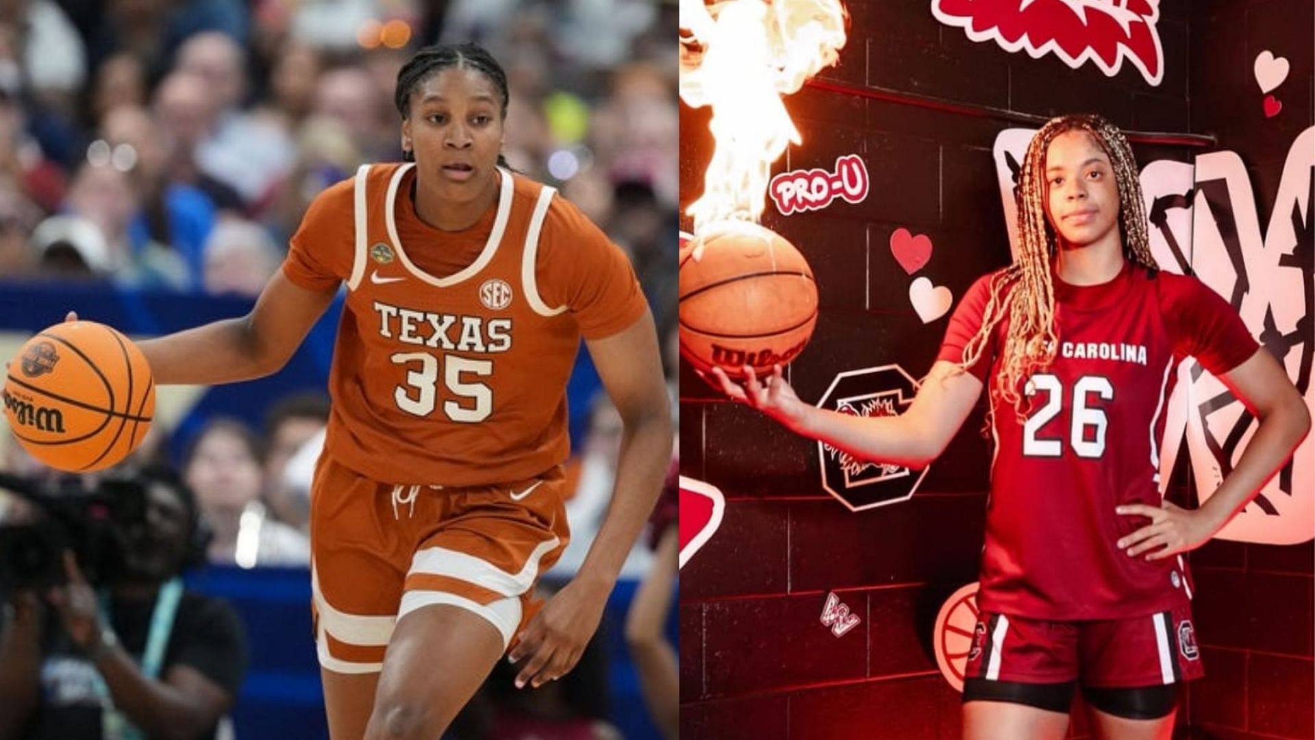 Texas Longhorns forward Madison Booker (left) and five-star prospect Saniyah Hall (right) (Image Sources: IMAGN and @saniyahhall_/Instagram)