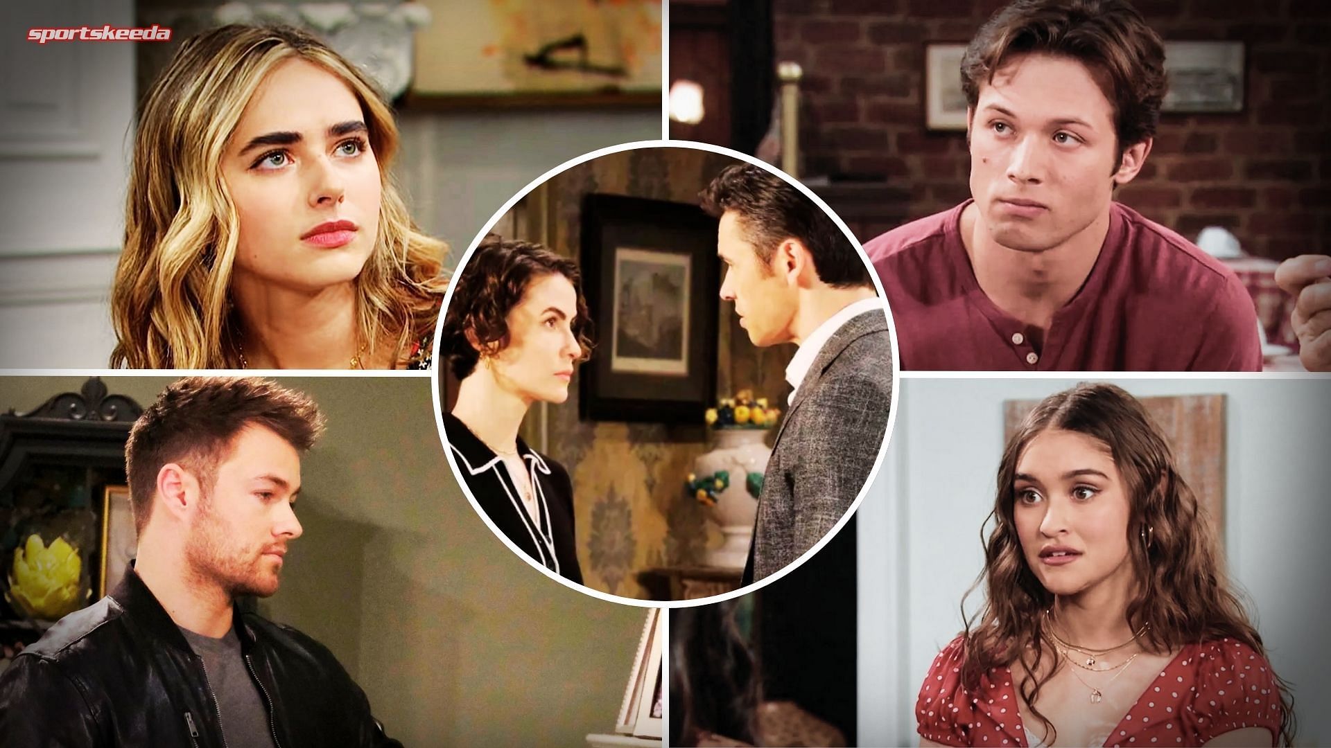 Clockwise from topleft, DOOL characters, Holly, Tate, Arianna, and Doug, with Sarah and Xander at the centre (Custom edit by Sportskeeda, Original images via Peacock/@Days of Our Lives)