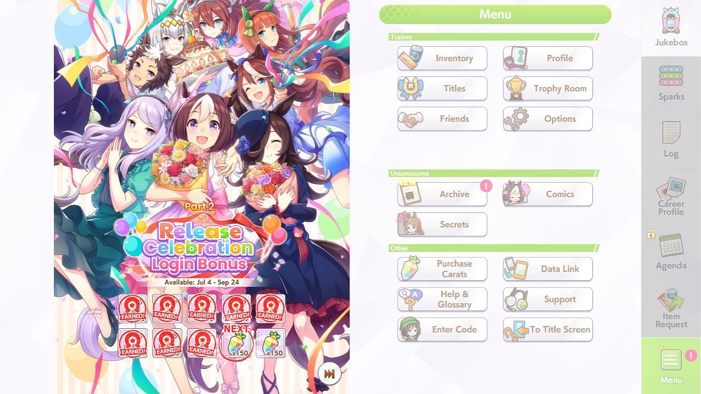 Logging into the game can earn you Carats in Umamusume Pretty Derby (Image via Cygames)