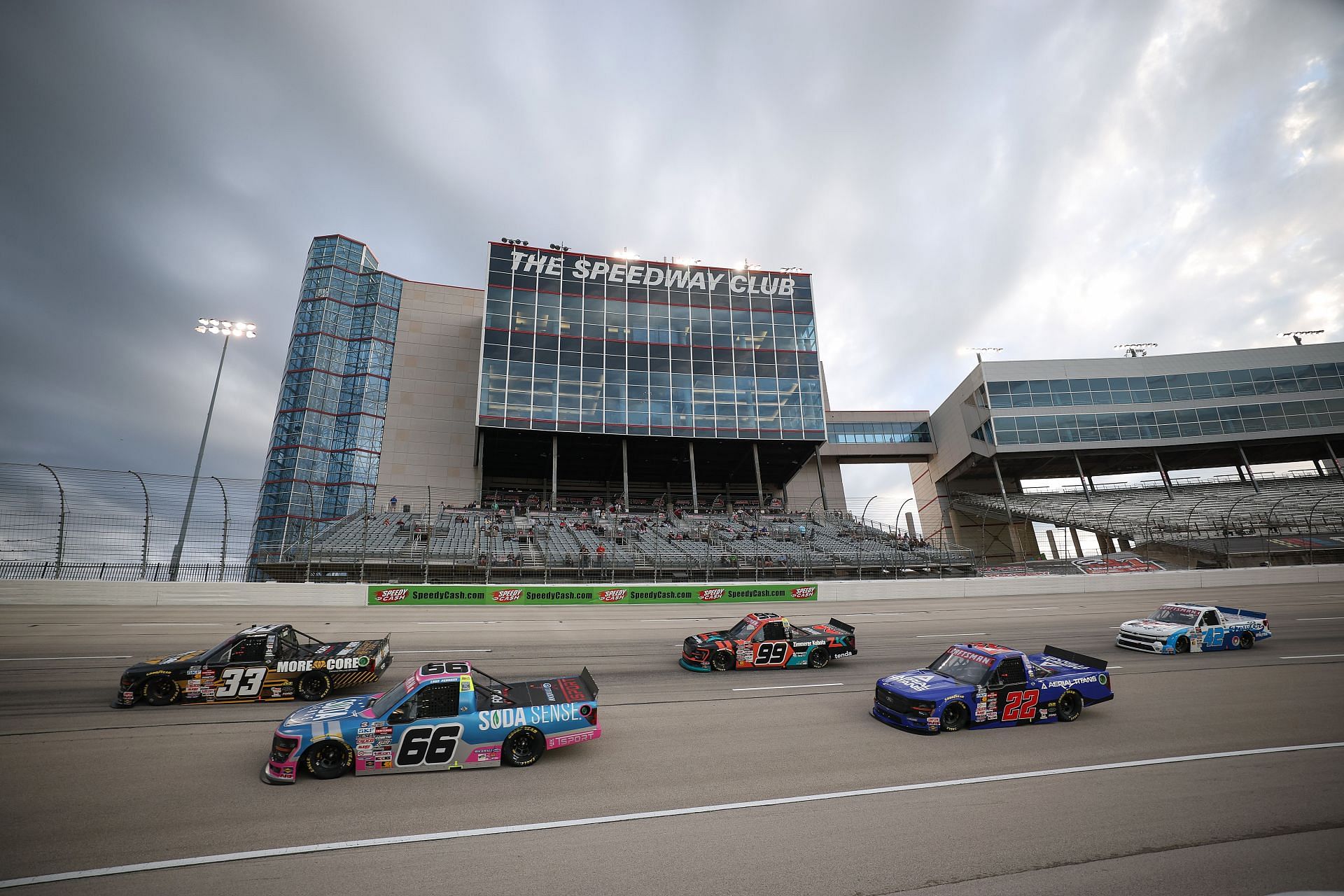 Frankie Muniz (33), Luke Fenhaus (66), Ben Rhodes (99), and Josh Reaume (22) during the NASCAR Andy&#039;s Frozen Custard 300. Source: Getty