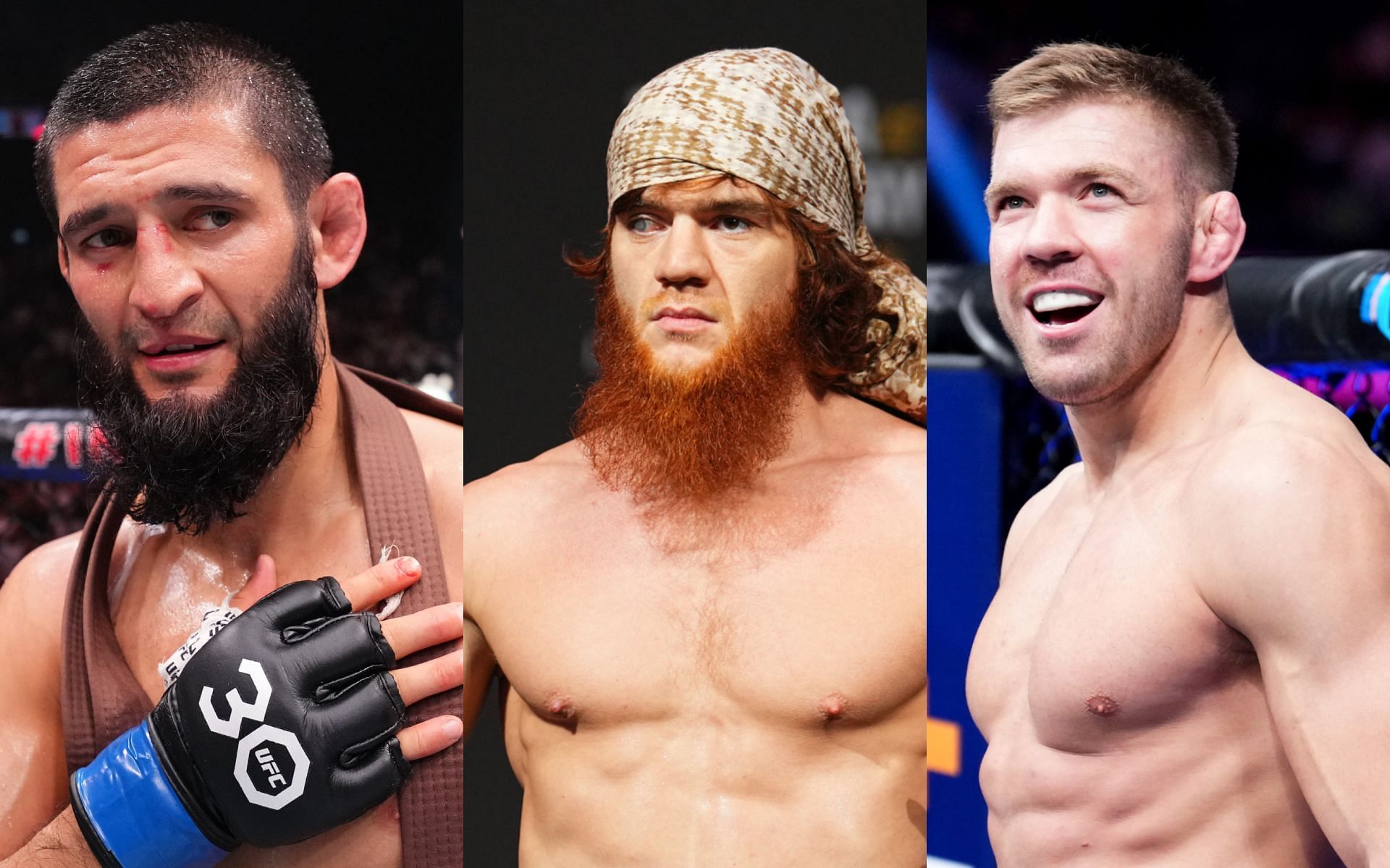 Shara Magomedov (middle) predicts Dricus du Plessis (right) vs. Khamzat Chimaev (left) fight. [Images courtesy: Getty Images]
