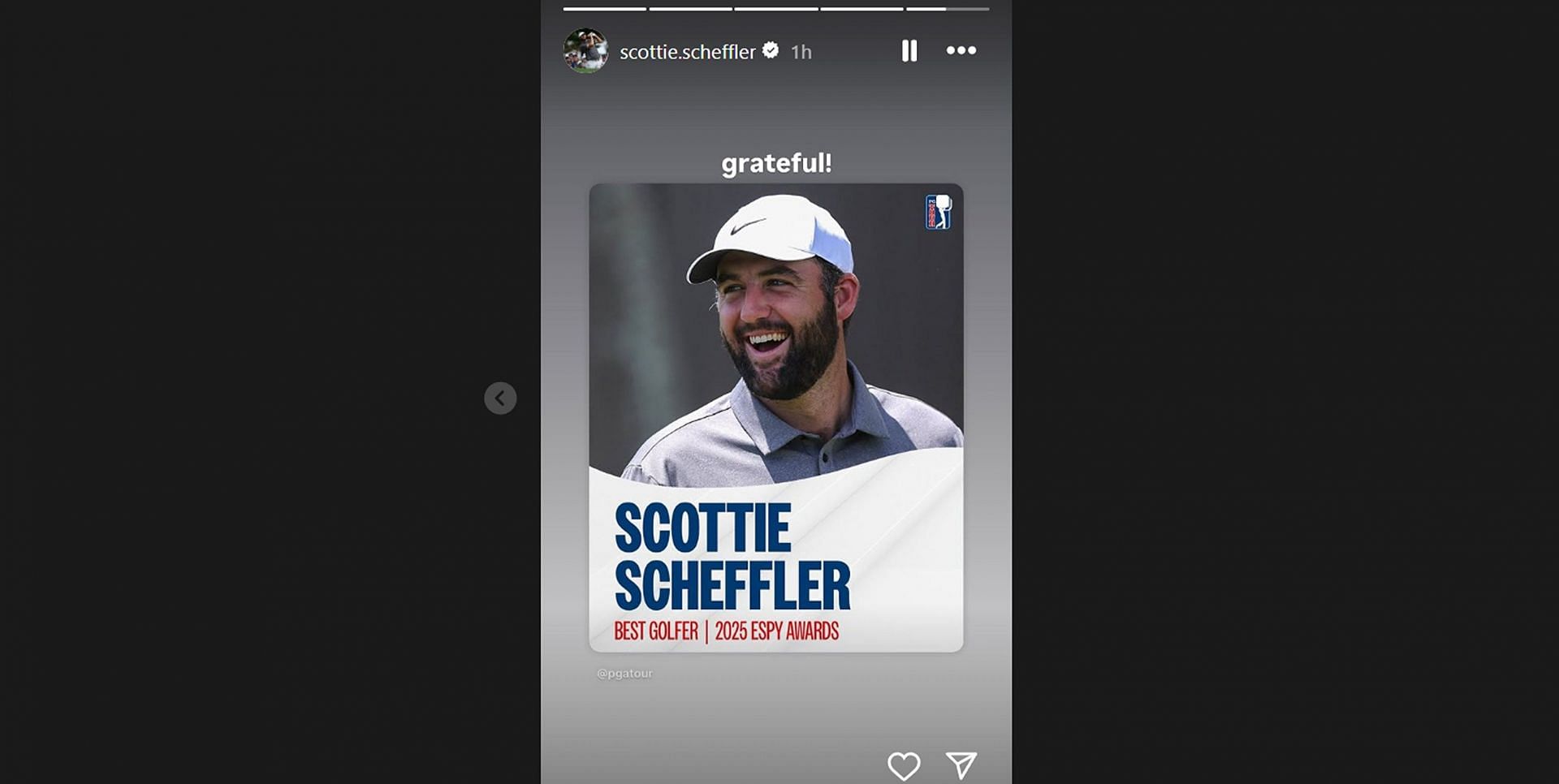 Scottie Scheffler has a one-word response to winning the ESPY award for the third straight year (@scottie.scheffler/IG)