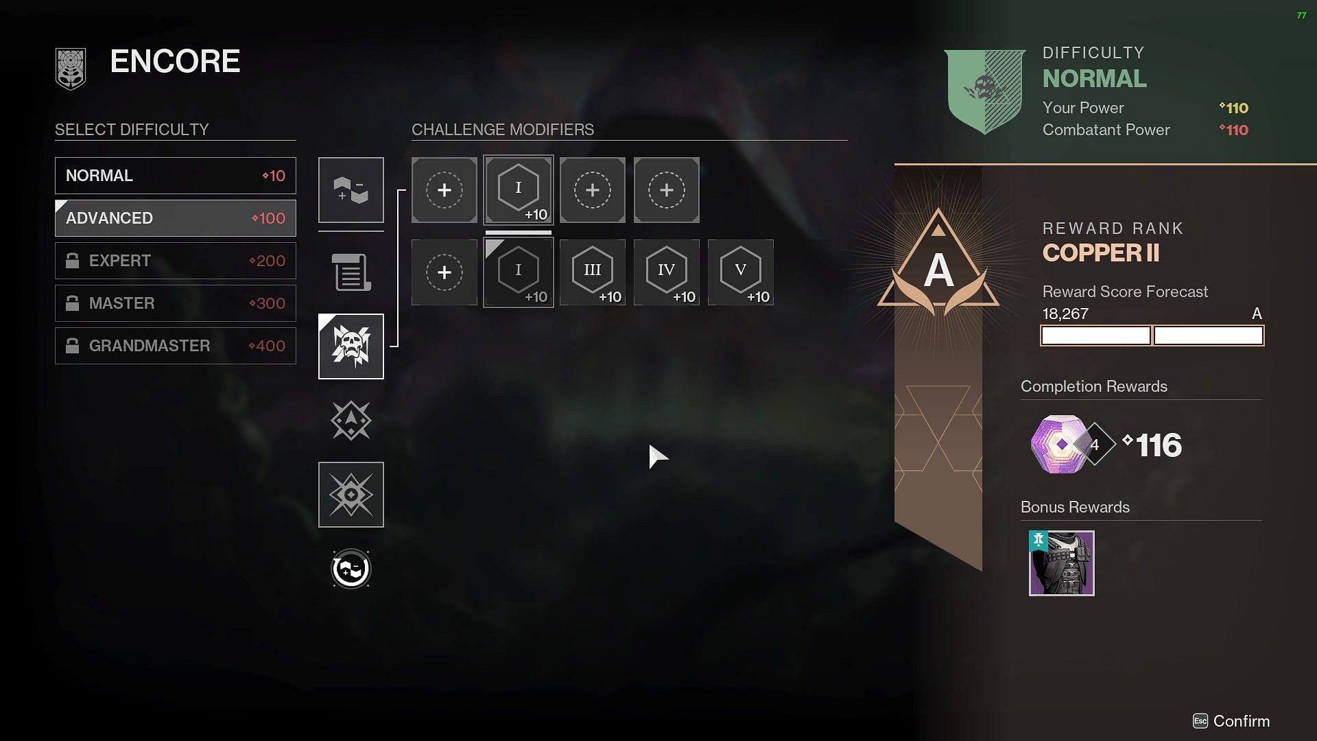 Customizing modifiers for A grade in Destiny 2 (Image via Bungie)