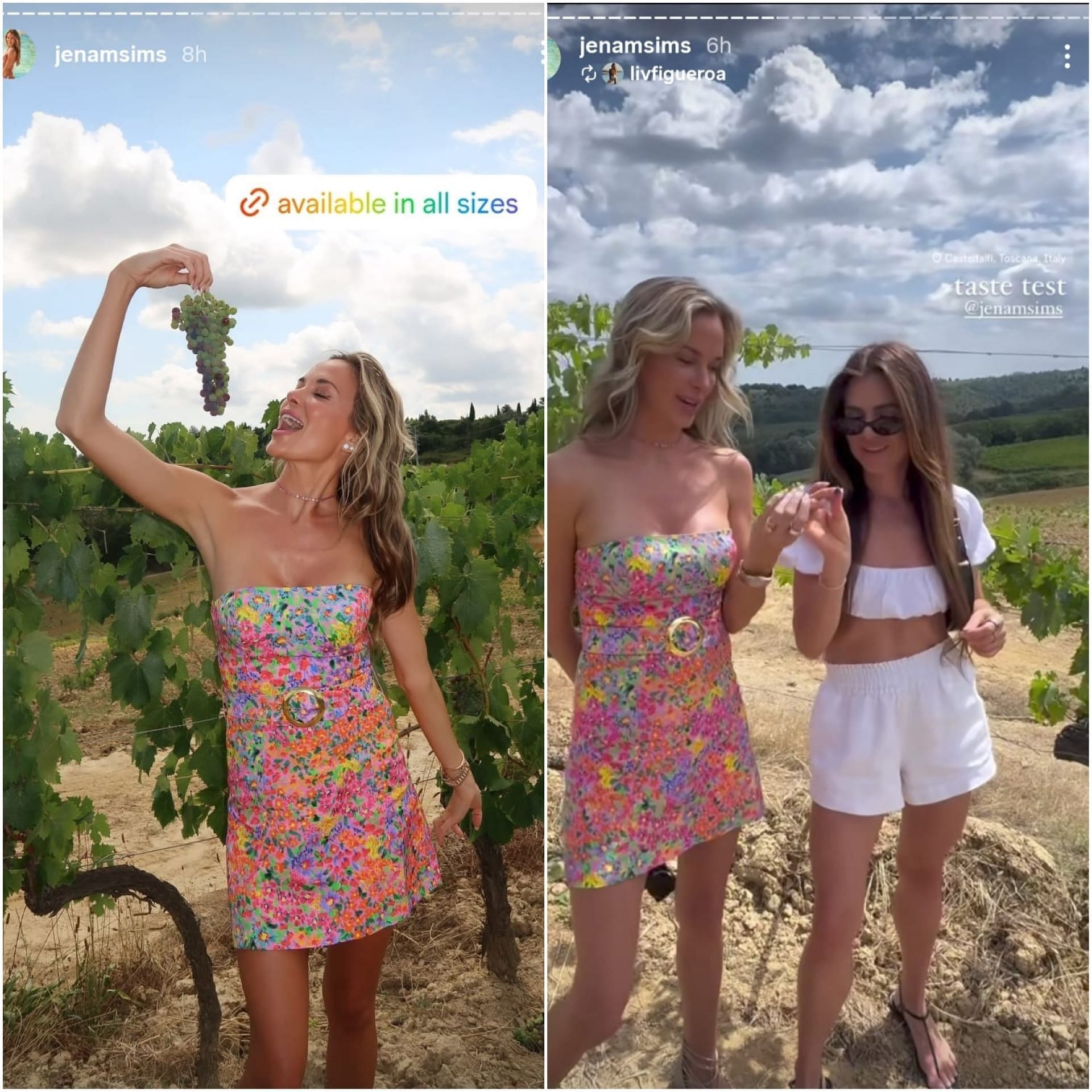 A still from Jena Sims&#039; Instagram Story: On the left, she poses in her $238 dress; on the right, she joins Olivia Figueroa for a grape &quot;taste test&quot; in the vineyard. (via @jenasims)