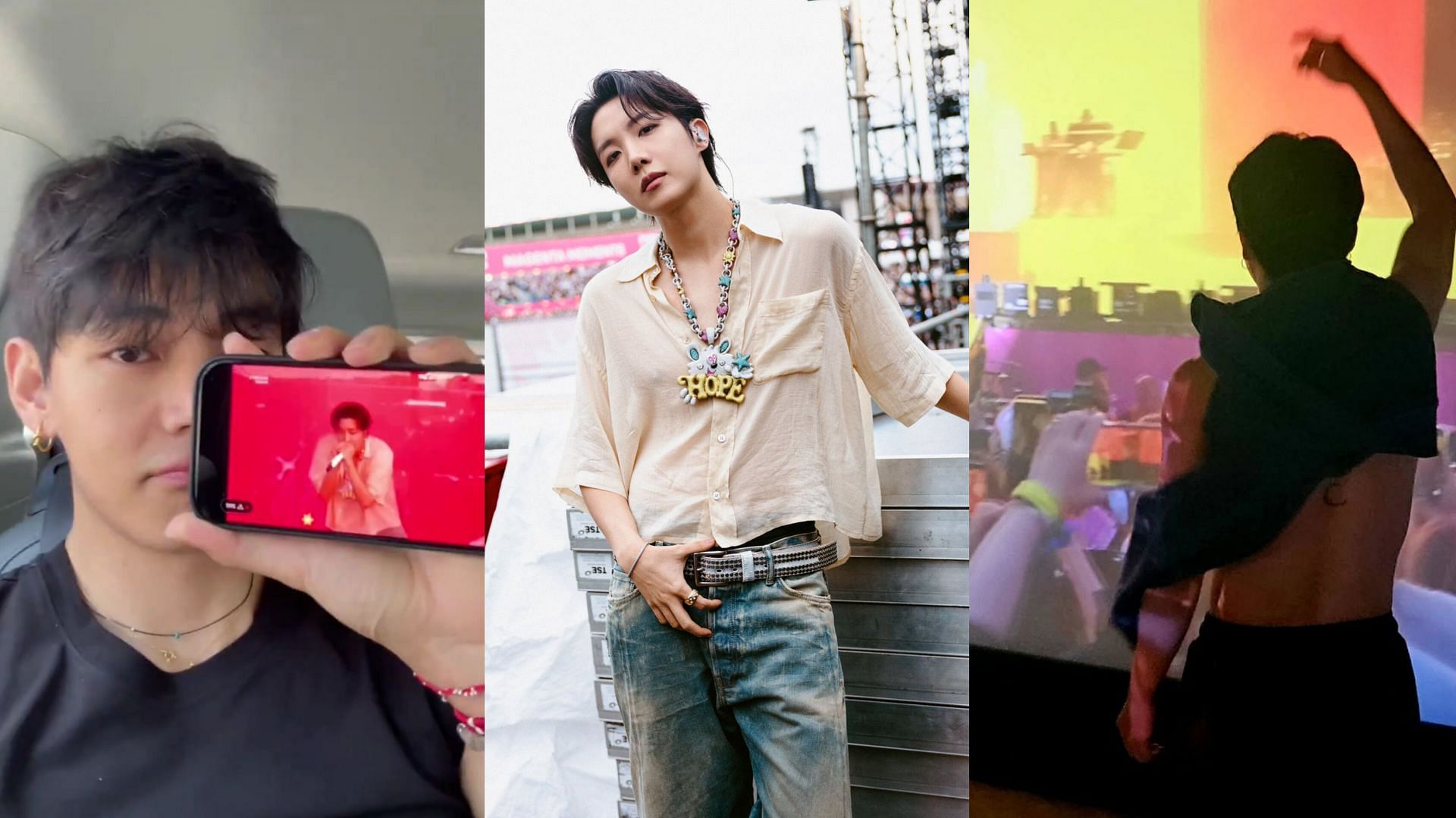 Jimin and Taehyung cheer for j-hope (Images via Weverse, X/@bts_bighit, &amp; Instagram/@thv)
