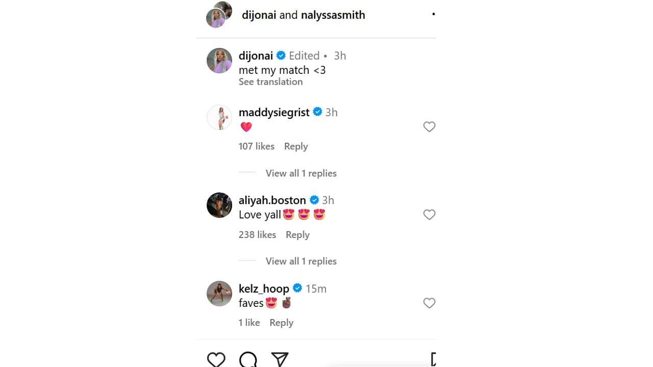 Aliyah Boston reacts to NaLyssa Smith and DiJonai Carrington&#039;s IG post on Monday. [photo: @dijonai/IG]