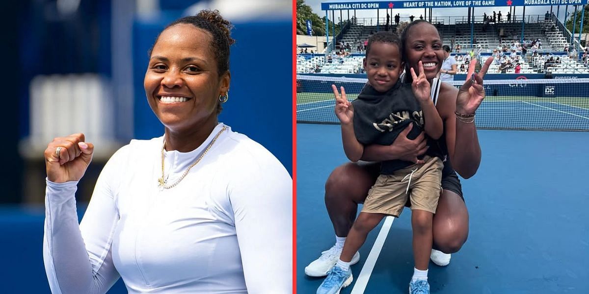 Taylor Townsend (left, Source: Getty), Taylor Townsend with son Adyn (right, Source: Instagram/mubadalacitidcopen)
