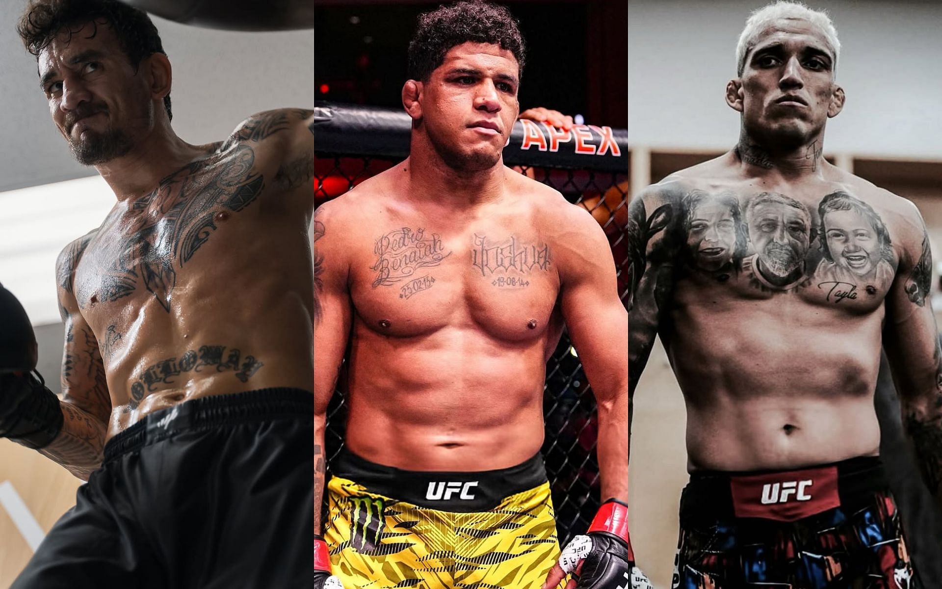 Gilbert Burns (middle) reacts to Max Holloway (left) vs. Charles Oliveira (right) idea. [Images courtesy: @gilbert_burns, @blessedmma and @charlesdobronxs on Instagram]