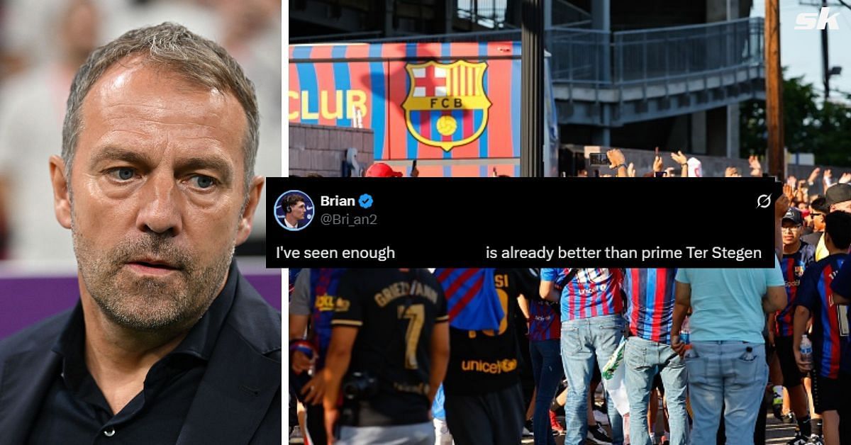 L to R: Hansi Flick and Barcelona fans (Images via Getty and X/@Bri_an2)