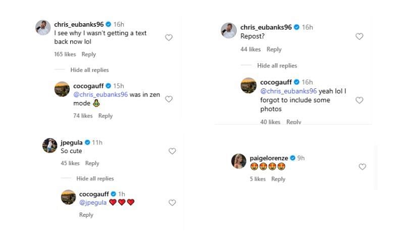 Screenshot of Coco Gauff&#039;s Instagram post featuring Christopher Eubanks, Jessica Pegula, and Paige Lorenze&#039;s comments | Source: IG/cocogauff