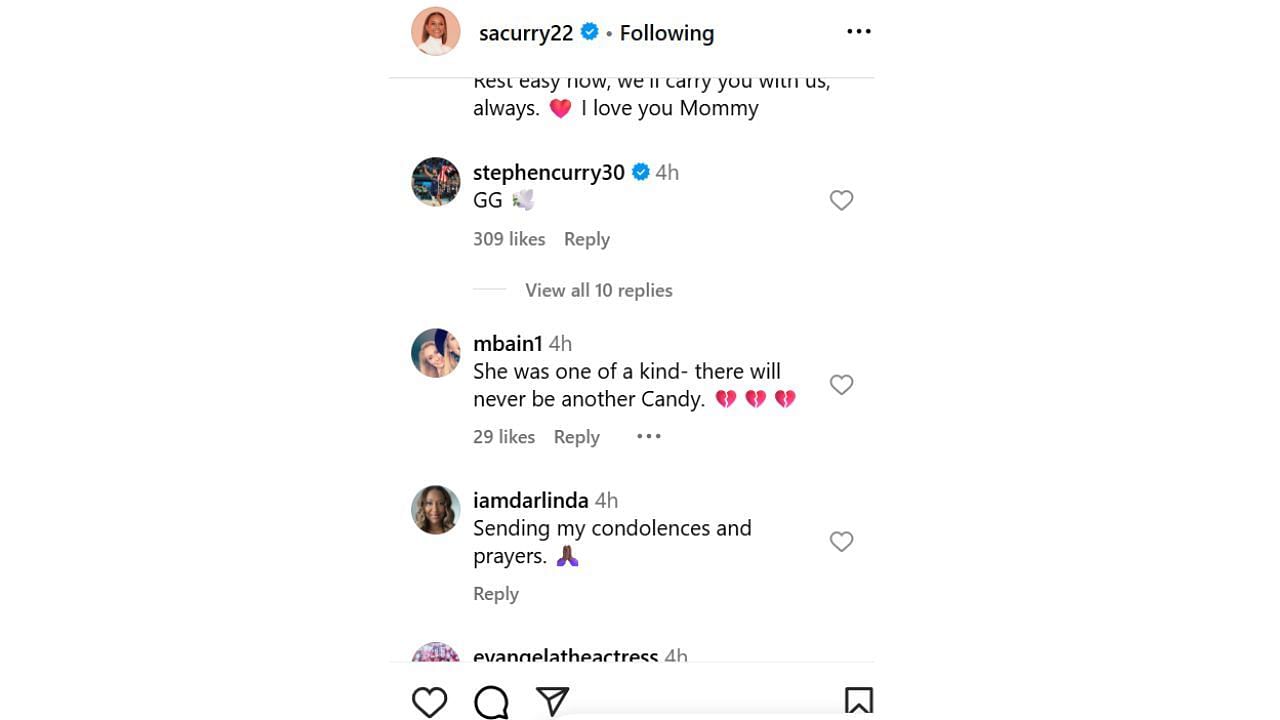 Steph Curry reacts to his mother's IG post announcing the passing away of Candy Adams, his grandmother. [photo: @sacurry22/IG]