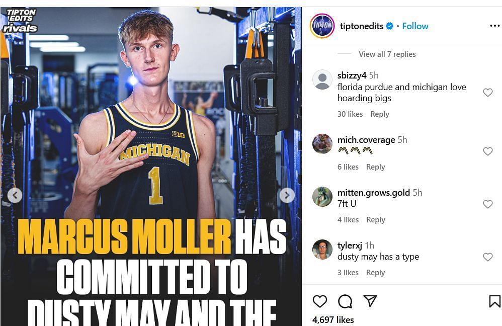 College hoops fans react to Marcus Moller joining Michigan on IG. Image via @tiptonedits