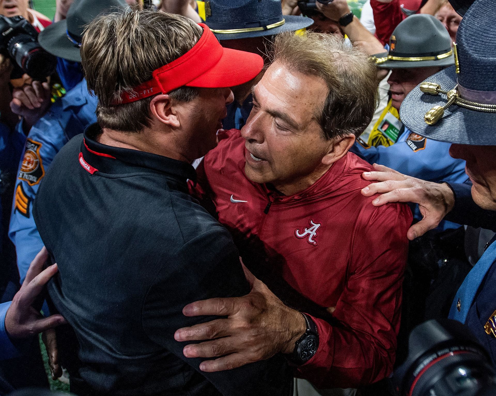 Georgia HC Kirby Smart (L) and former Alabama HC Nick Saban - Source: Imagn