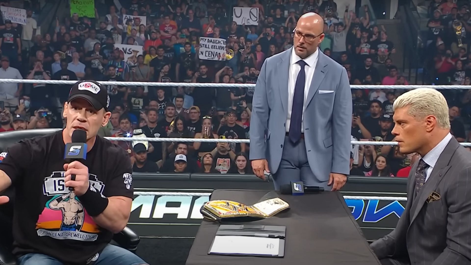(From the left) John Cena, Adam Pearce, and Cody Rhodes [Image Credits: WWE