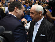 Duke Blue Devils head coach Mike Krzyzewski (left) greets North Carolina Tar Heels head coach Roy Williams prior to a game at Cameron Indoor Stadium. Photo: Imagn