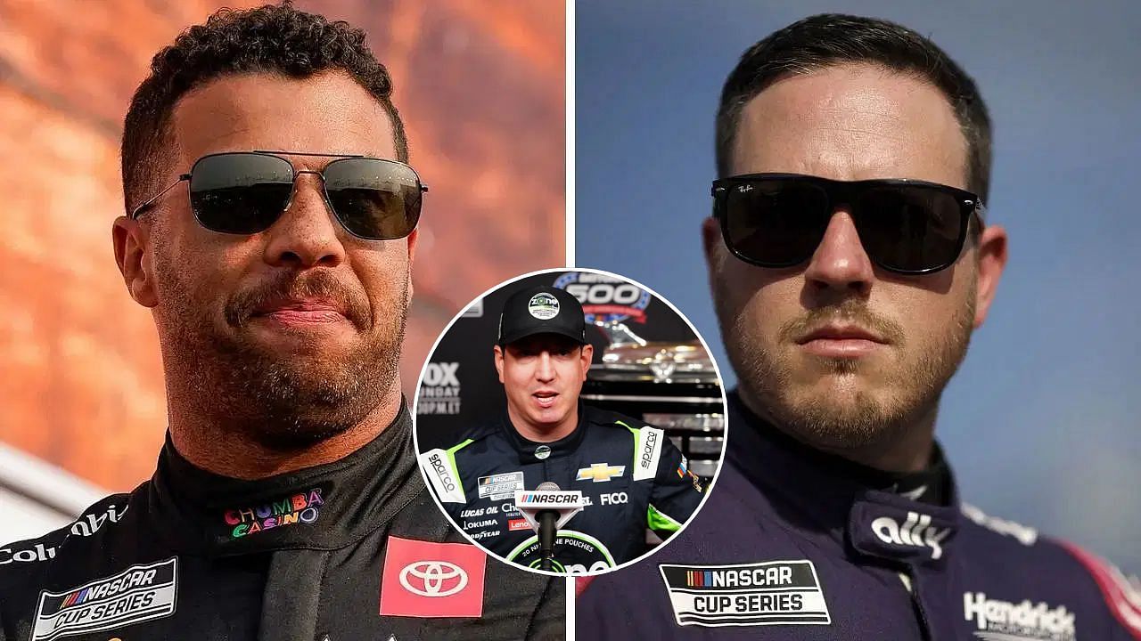 (From left) NASCAR Cup Series drivers Bubba Wallace and Alex Bowman (via Imagn, Getty); (Inset) NASCAR Cup Series driver Kyle Busch (8) speaks with reporters during media day at Daytona International Speedway. NASCAR: Daytona 500 Media Day - Source: Imagn