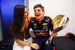 Kelly Piquet reacts as Max Verstappen wins the F1 Belgian GP sprint