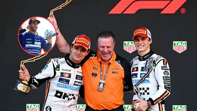 Watch: Lando Norris, Oscar Piastri, and Zak Brown pay homage to Daniel Ricciardo by doing a shoey after winning the F1 British GP