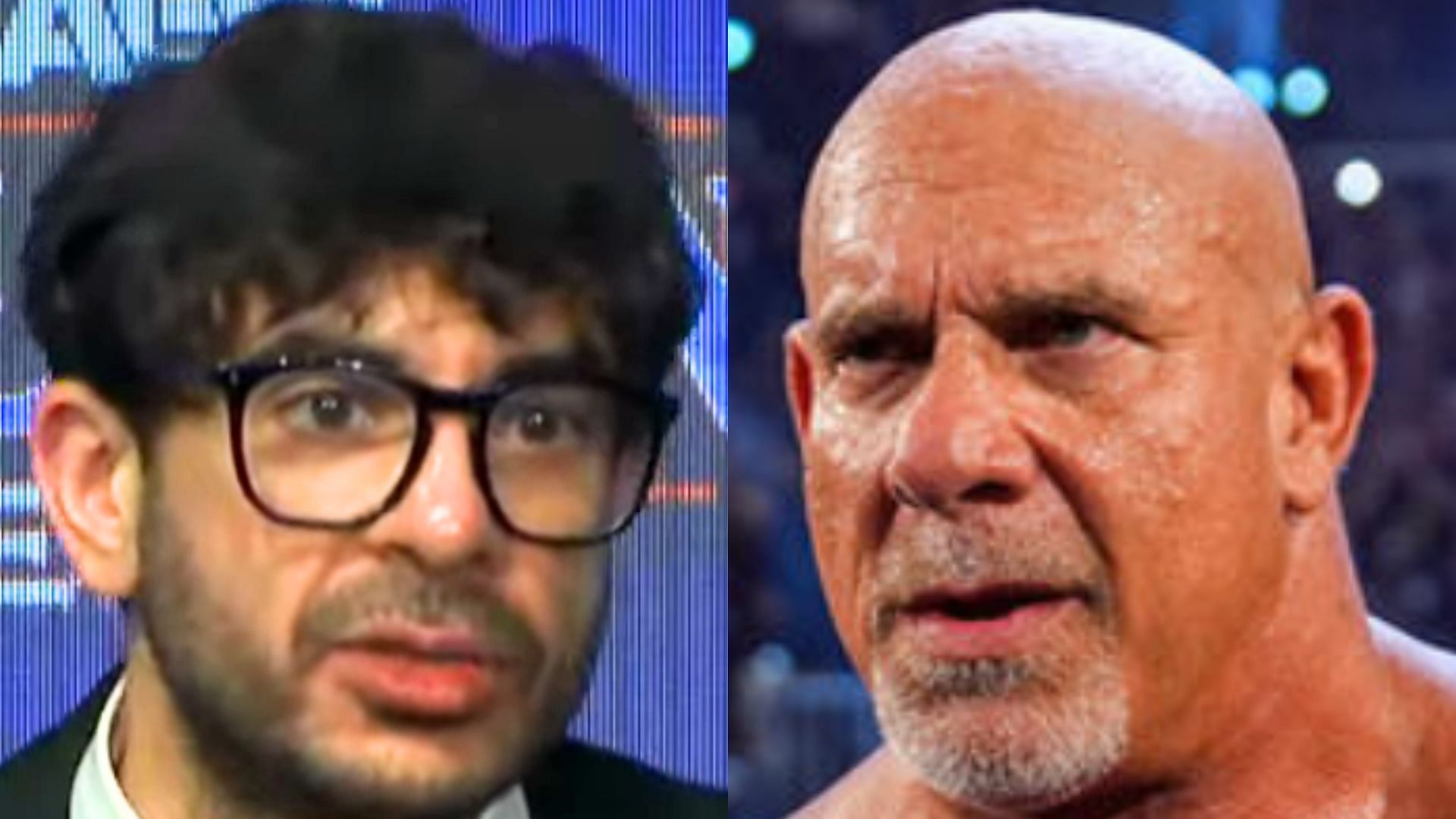 Tony Khan (left) and Goldberg (right) (Images via AEW YouTube and WWE.com) 