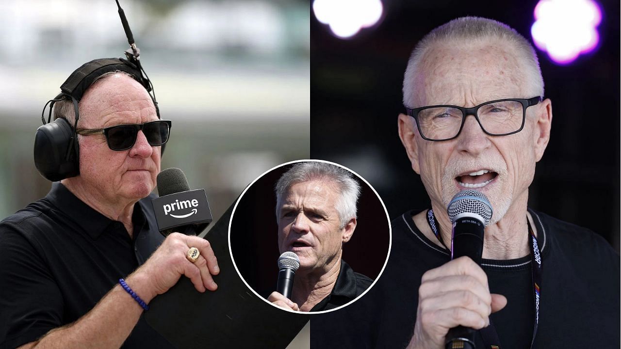 A side-by-side image of (Left) HOMESTEAD, FLORIDA - MARCH 22: NASCAR analyst, Larry McReynolds looks on during qualifying for the NASCAR Cup Series Straight Talk Wireless 400 at Homestead-Miami Speedway on March 22, 2025 in Homestead, Florida. (Photo by James Gilbert/Getty Images); (Right) LAS VEGAS, NV - OCTOBER 15: Former NASCAR driver Mark Martin speaks to fans in the Neon Garage before for the NASCAR Cup Series Playoff South Point 400 on October 15, 2022, at Las Vegas Motor Speedway in Las Vegas, NV. (Photo by Jeff Speer/LVMS/Icon Sportswire via Getty Images) and Inset MADISON, IL - JUNE 02: Kenny Wallace entertains during the Kenny Wallace Live show before the NASCAR Cup Series Enjoy Illinois 300 presented by TicketSmarter on June 2, 2024, at World Wide Technology Raceway at Gateway in Madison, Illinois. (Photo by Michael Allio/Icon Sportswire via Getty Images)