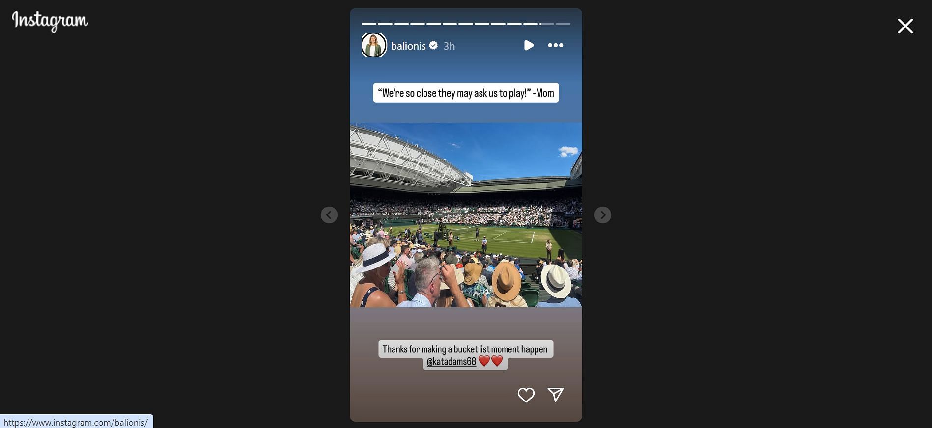 Amanda Balionis expresses her gratitude on her story after attending Wimbledon and crossing it off her bucket list - Source: via @balionis on Instagram