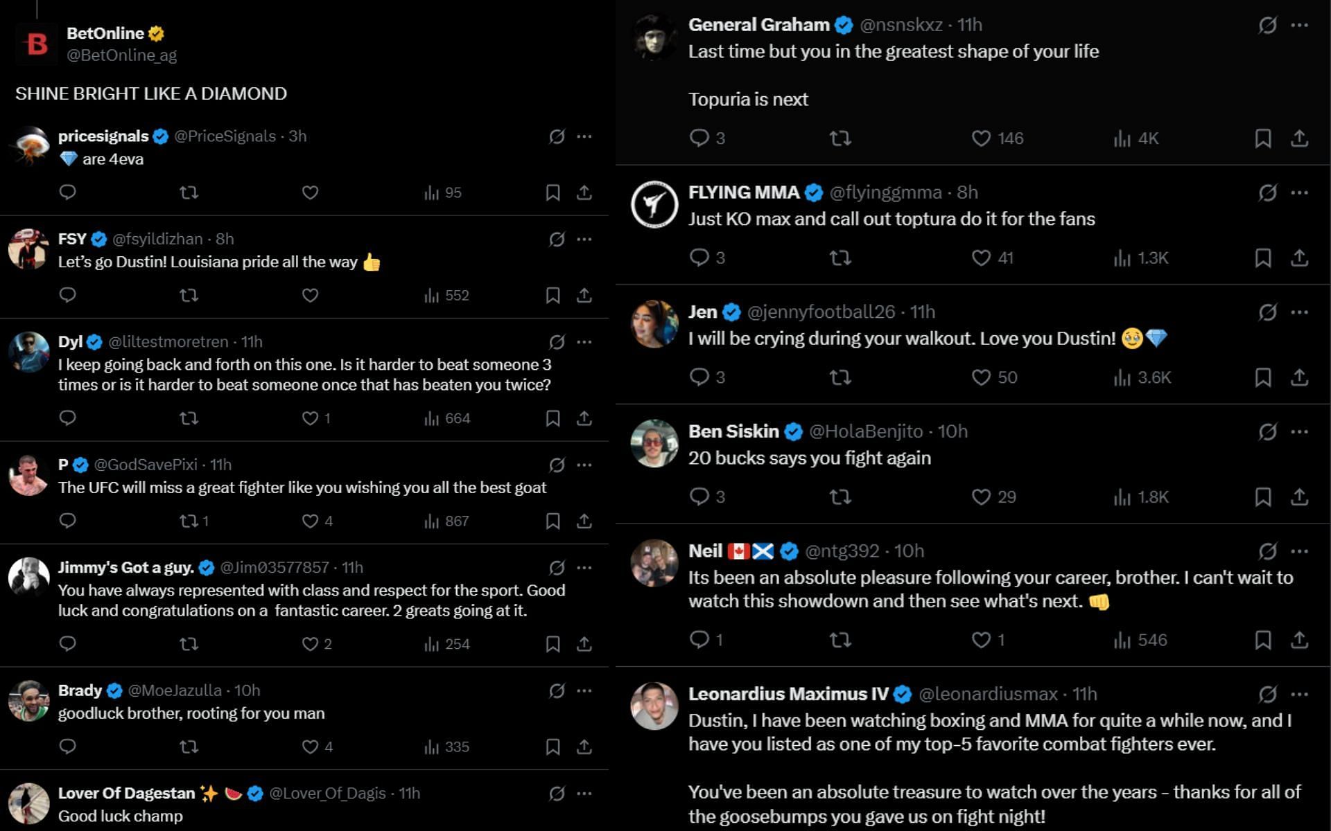 Fans react to Dustin Poirier making weight for one last time. [Screenshots courtesy: @DustinPoirier on X]