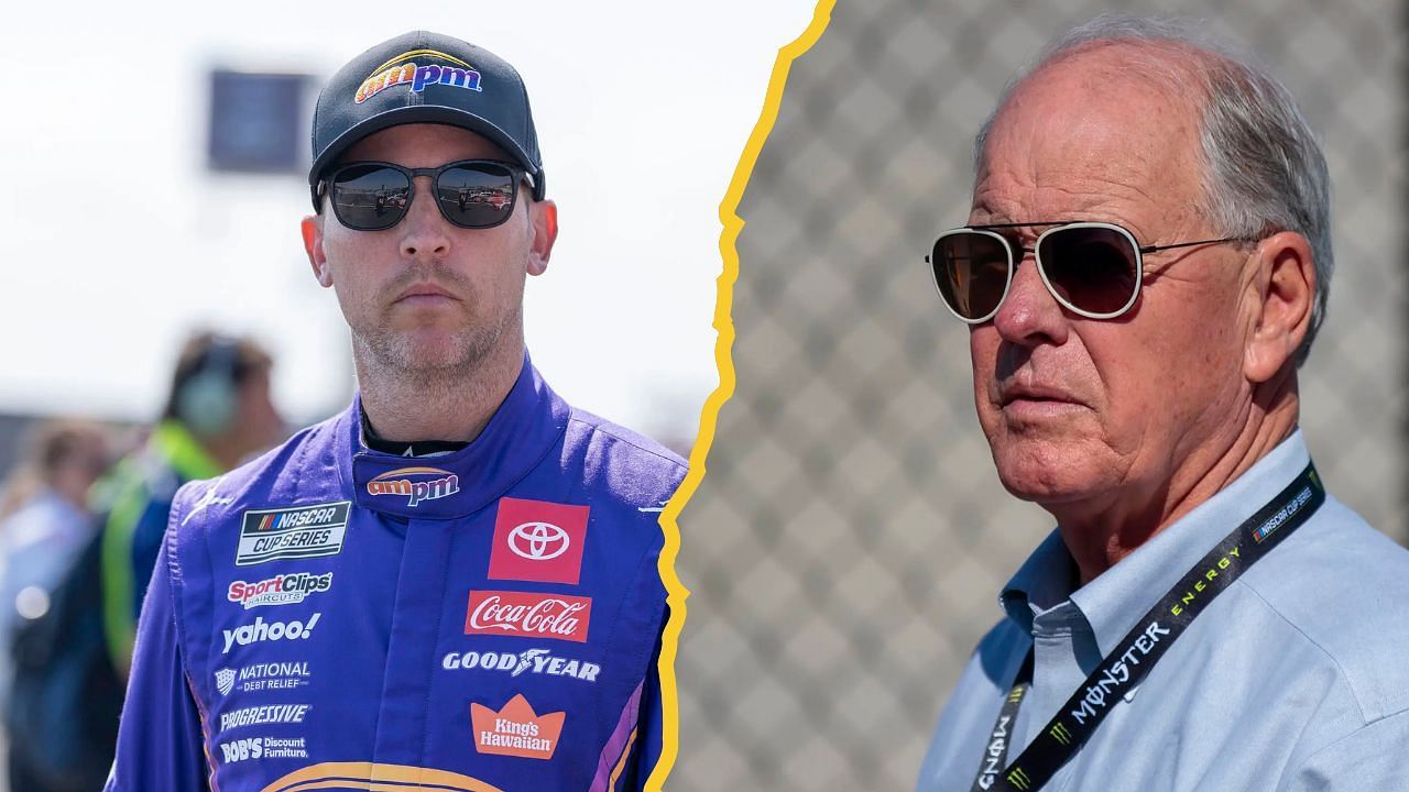 A side-by-side image of (Left) Jul 12, 2025; Sonoma, California, USA; NASCAR Cup Series driver Denny Hamlin (11) walks to his vehicle in preparation for a practice run at Sonoma Raceway. Mandatory Credit: Stan Szeto-Imagn Images; (Right) Nov 10, 2019; Avondale, AZ, USA; NASCAR executive Vice President Jim France during the Bluegreen Vacations 500 at ISM Raceway. Mandatory Credit: Mark J. Rebilas-Imagn Images