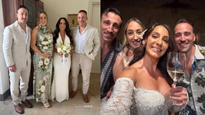 Brad Marchand and clan aura farm in identical shades and cigars on sister Rebecca's Orvieto wedding