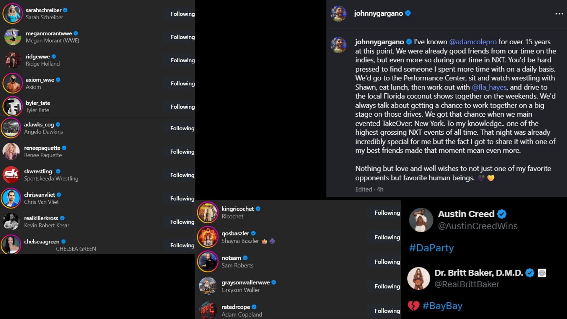 Screenshot of stars&#039; reactions [Image credits: Tommaso Ciampa and Johnny Gargano&#039;s Instagram handles and Britt Baker and Xavier Woods&#039; X/Twitter profiles]